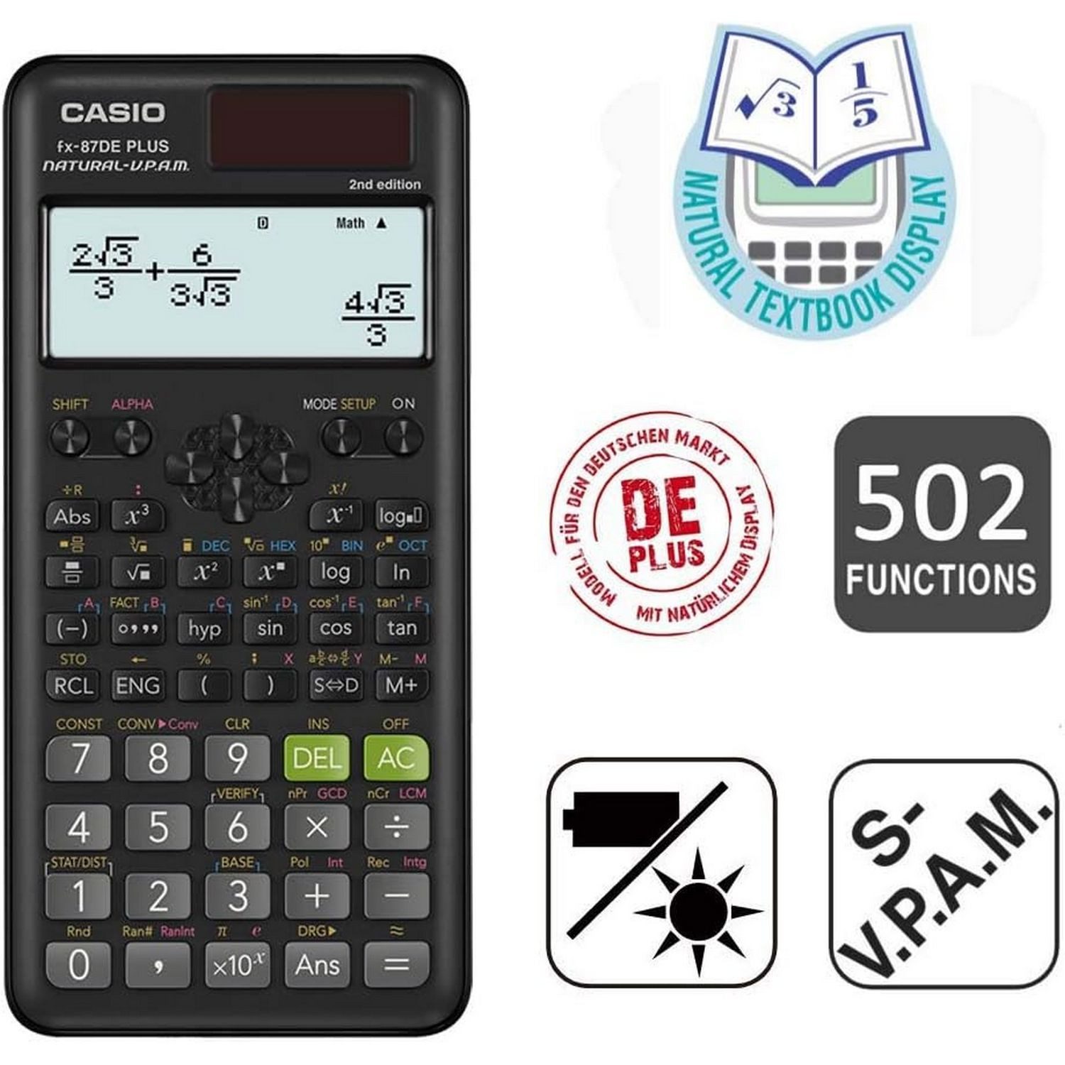 CASIO Taschenrechner CASIO Schulrechner, FX-87 DE PLUS-2 502 Funktionen, Solar/Batterie