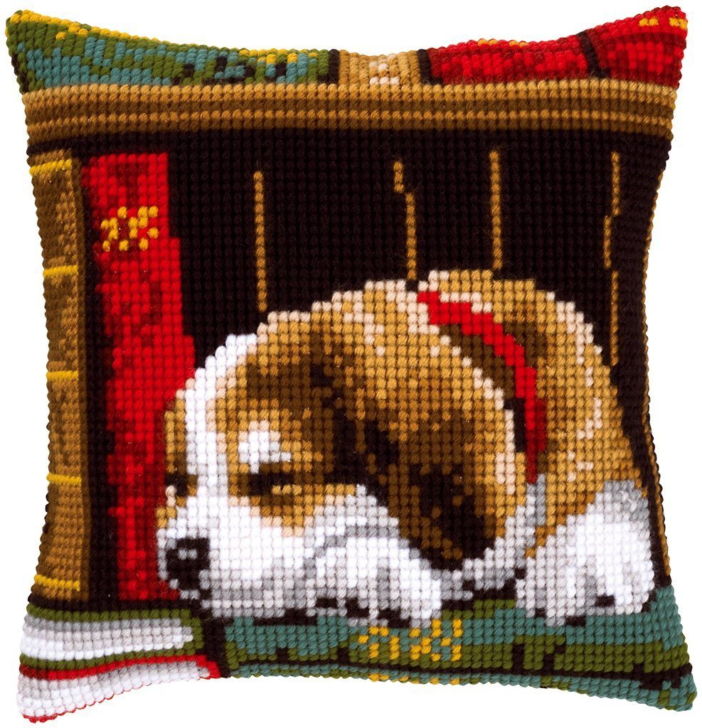 Vervaco Kreativset Vervaco PN-0148118 Kreuzstichkissen Schlafender Hund im Bücherregal, (Set, Vervaco embroidery Kit), Made in Europe