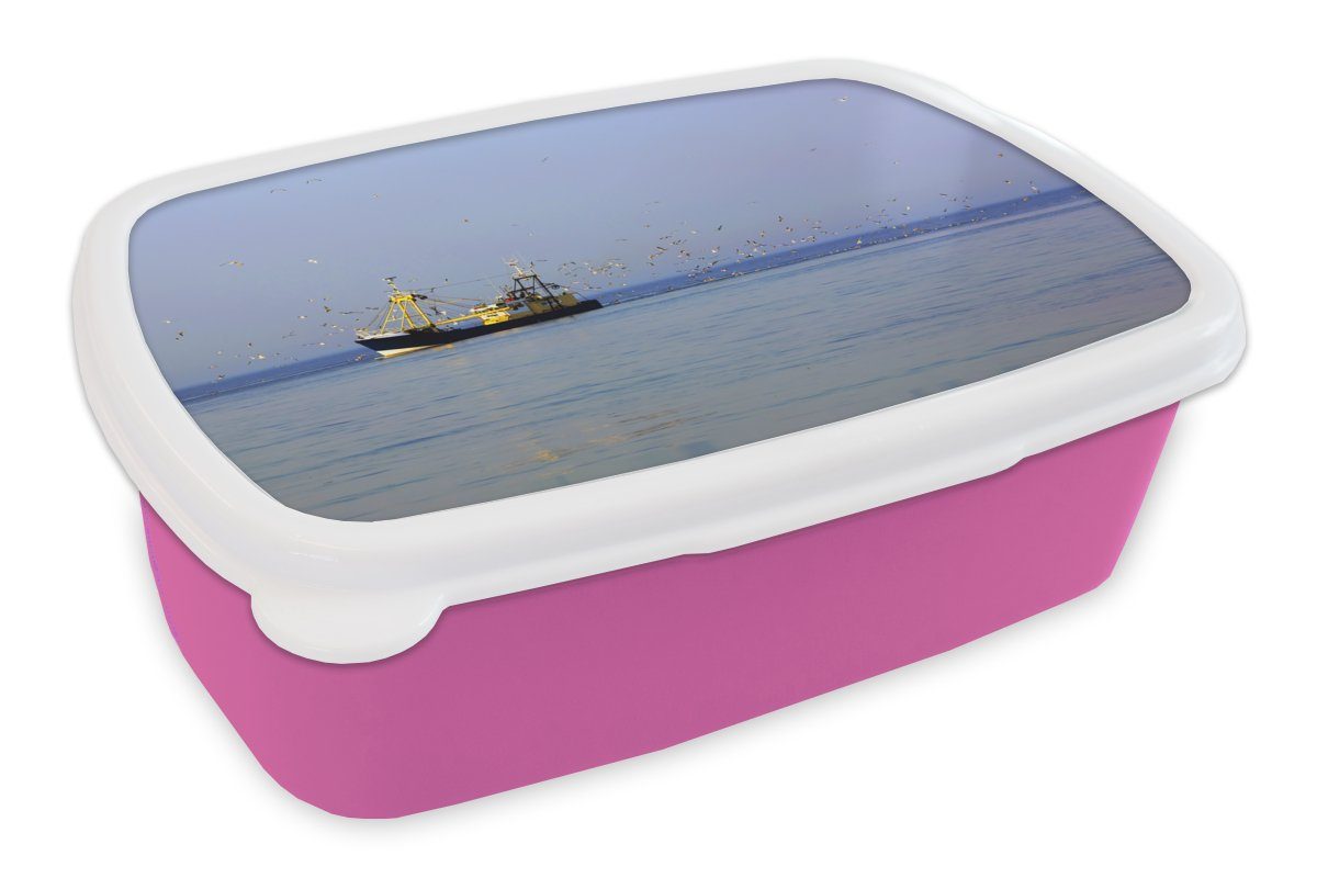 MuchoWow Lunchbox Nordsee - Fischerboot - Vogel, Kunststoff, (2-tlg), Brotbox für Erwachsene, Brotdose Kinder, Snackbox, Mädchen, Kunststoff rosa