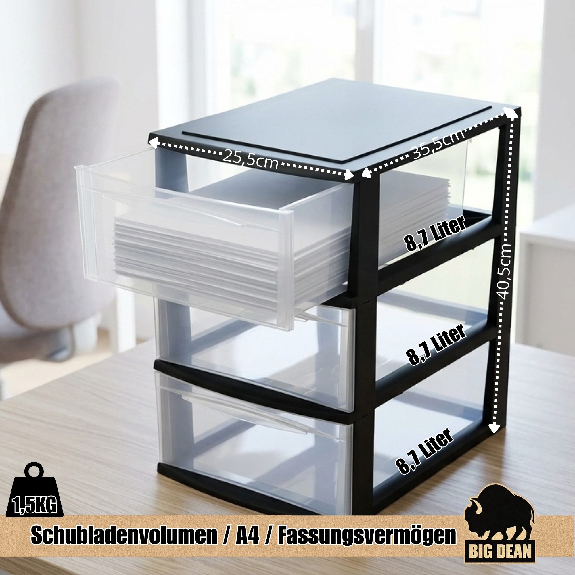 BigDean Schubladenbox A4 Schreibtisch Organizer Transparent mit extra hohen Schubladen, (Box-Set, 1-St., Schubladenbox), Stapelbare Konstruktion, transparente Sichtfenster, leichtgängig