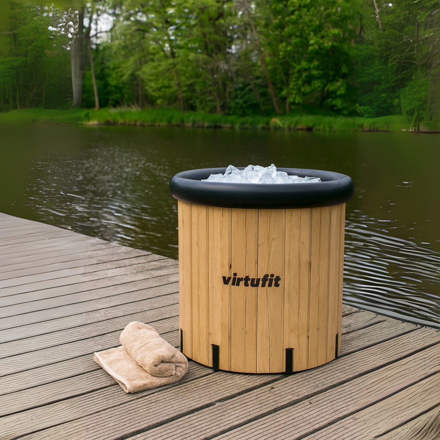 VirtuFit Badebottich VirtuFit Eisbad XXL 375 Liter Wood Look inkl. Zubehör 80x80x75 cm