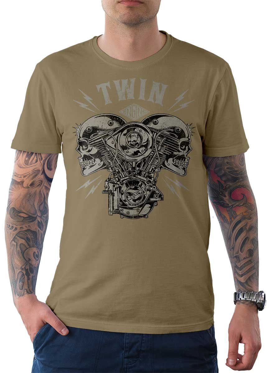Rebel On Wheels T-Shirt Herren T-Shirt Tee V-Twin Skull mit Biker / Motorrad Motiv Khaki