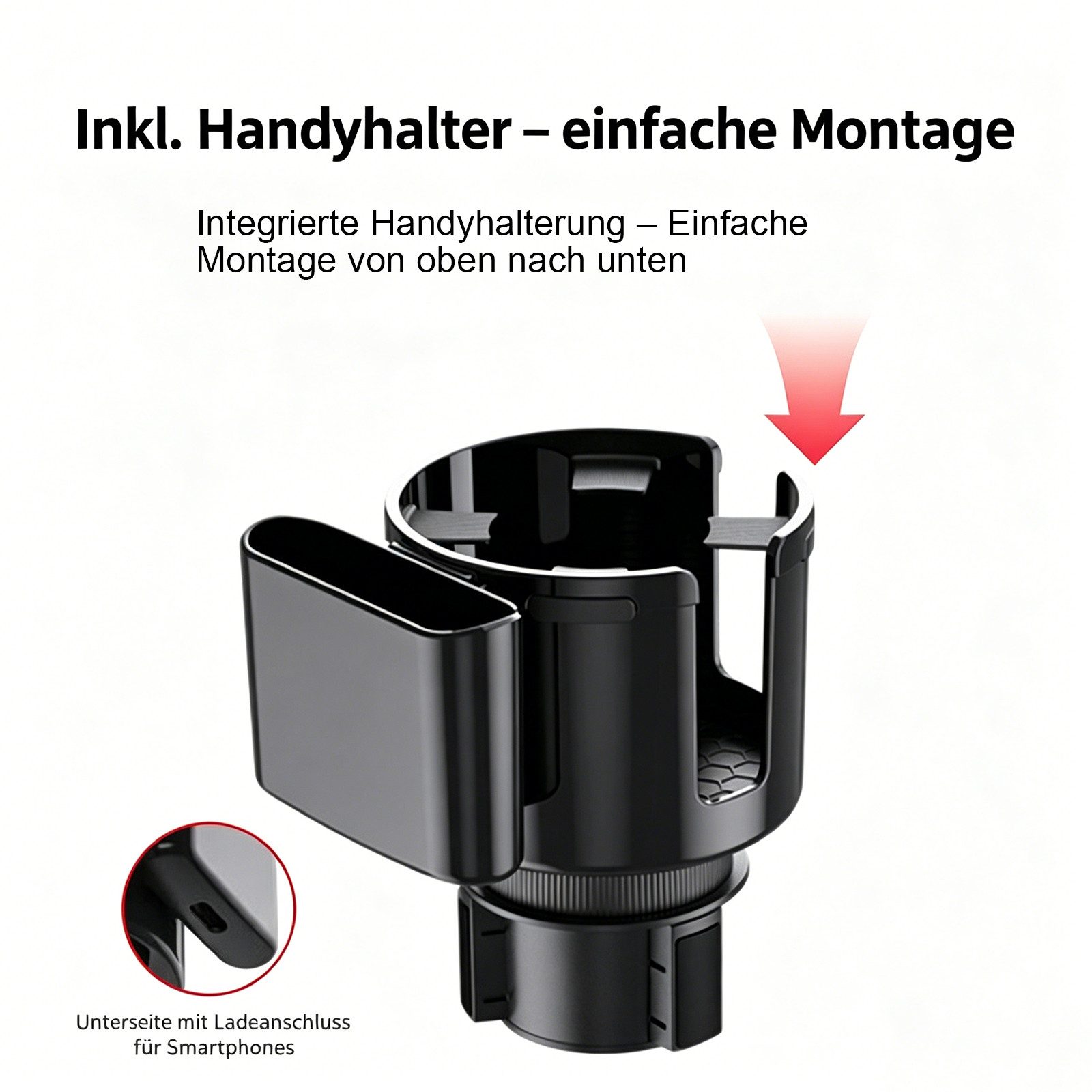 MOPUEA Becherhalter Auto Getränkehalter Erweiterung mit Handyhalter Verstellbar, (Auto Getränkehalter Erweiterung, Verstellbarer Getränkehalter mit Handyhalter und Kabelöffnung), Verstellbar 6,9–9,9 cm, Handyhalter, rutschfest, ABS
