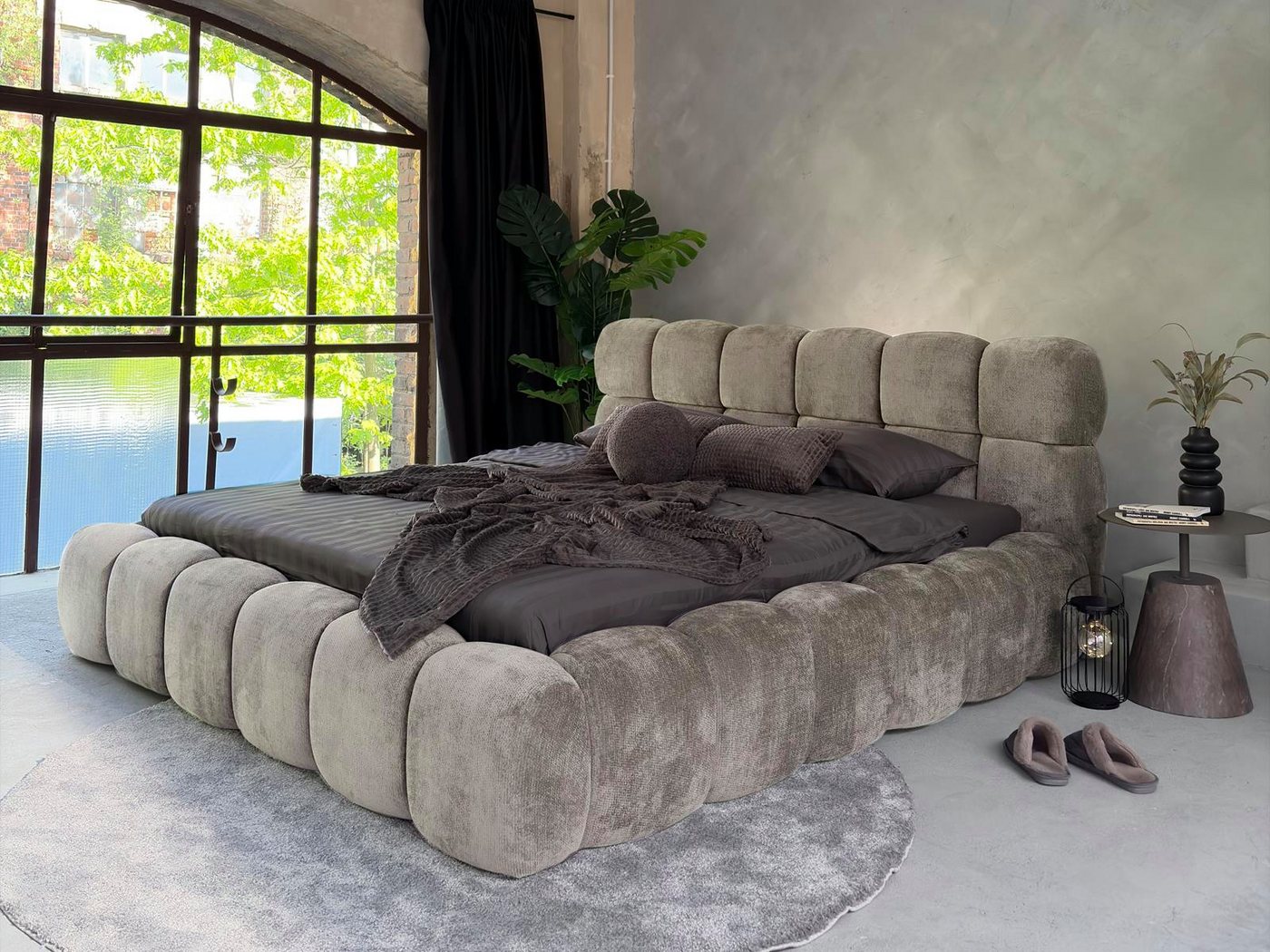 Compleo Polsterbett Cloud Bett, Bett mit gepolstertem Kopfteil ELVA (Chenille-Stoff), Schlafzimmer Bett modern, Doppelbett gepolstert, Wolkenbett
