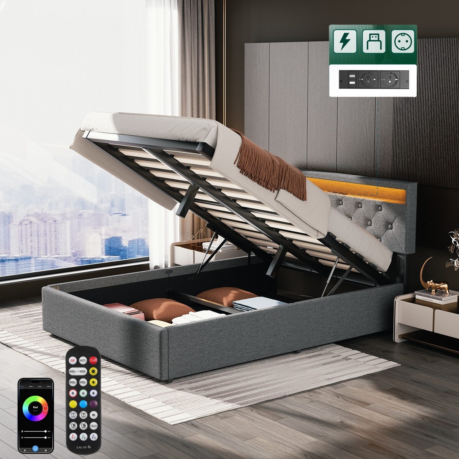 WILGOON Polsterbett Polsterbett 140x200cm mit LED-Beleuchtung in 16 Farben, günstig online kaufen