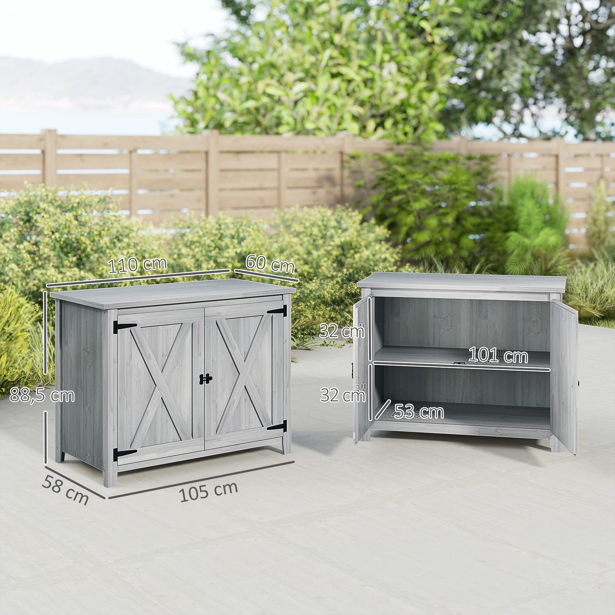 Outsunny Gerätehaus wetterfest, mit Tür, Faltdach, Ablagen, BxT: 110x60 cm, (Gartenschrank aus Holz, 1 St., Geräteschuppen), für Garten Terrasse Hinterhof, Hellgrau