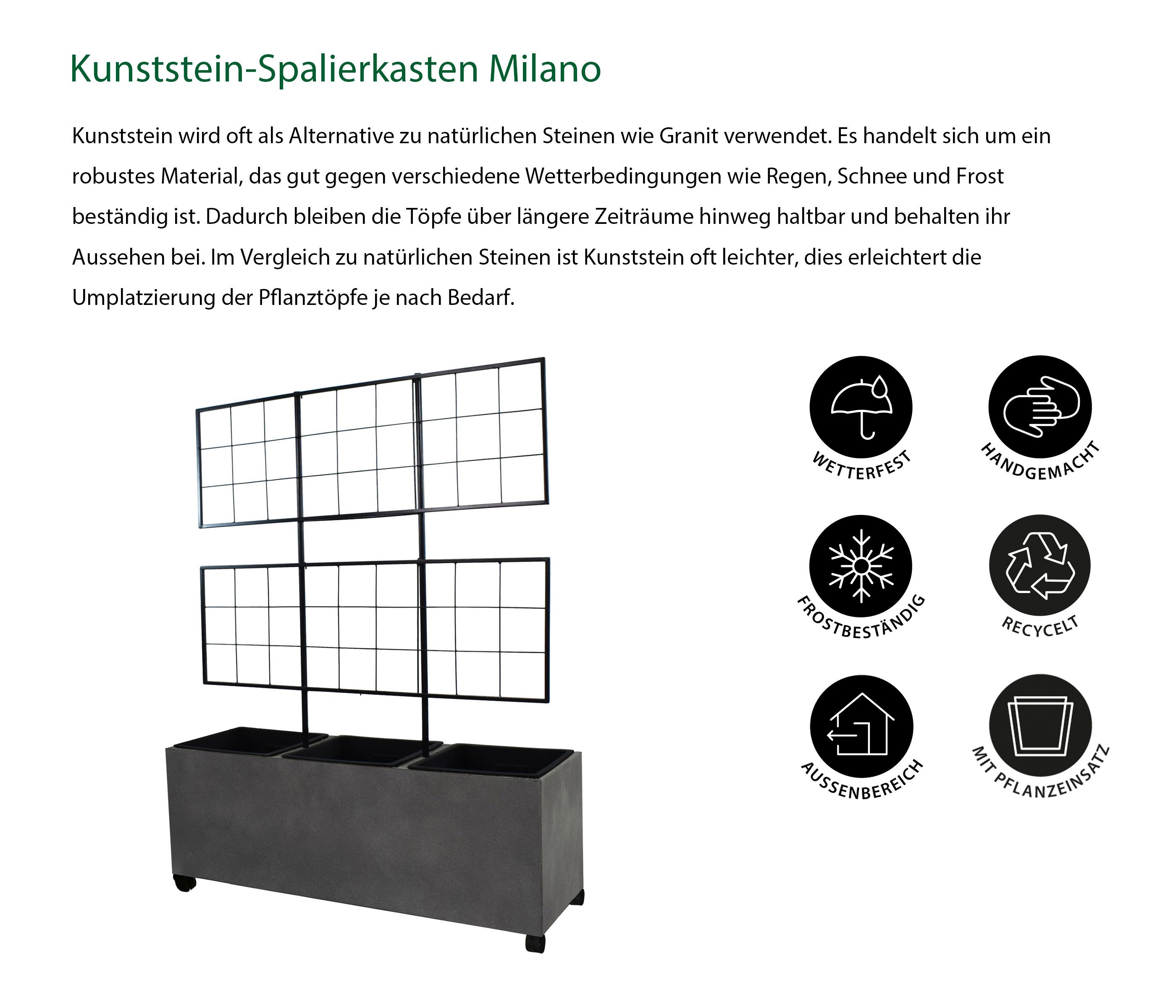 Dehner Blumentopf Milano, ca. 100 x 130 x 35 cm, Rollen/3 Pflanzeinsätzen, Pflanzkasten frostbeständig / UV-beständig / wetterfest, Leichtbeton