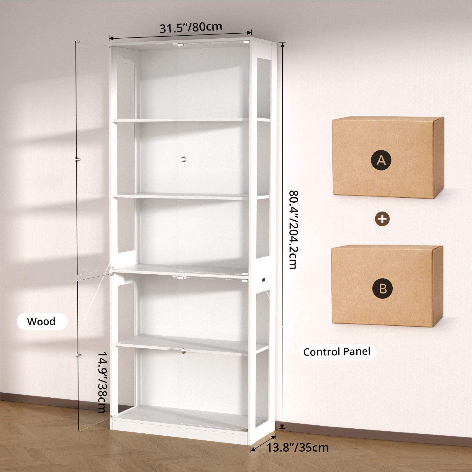 VOWNER Vitrine mit LED-Beleuchtung, Bewegungssensor und Glastüren, 80x35x204cm (1-St) 5-Ebenen Sammlerschrank aus Spanplatte und Glas