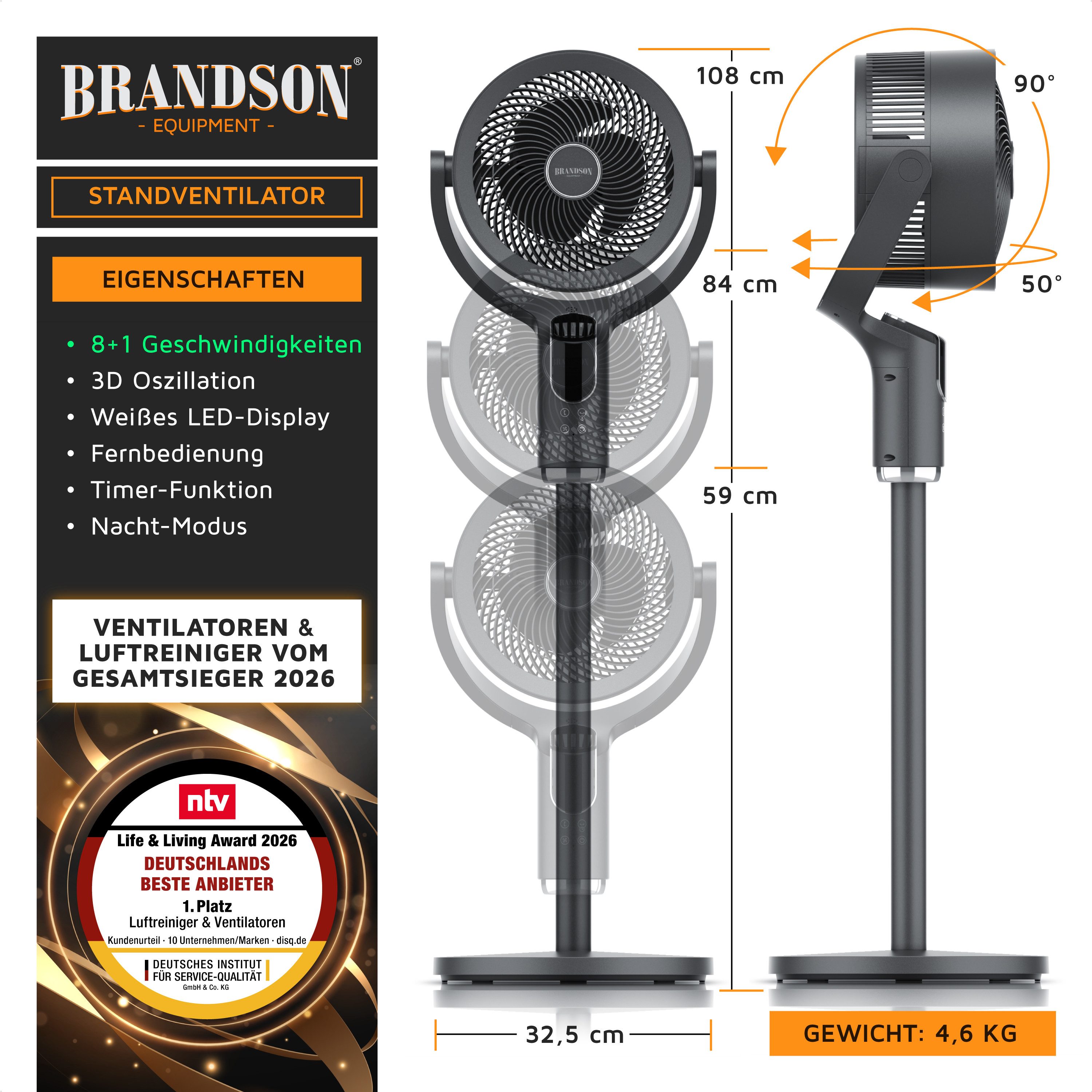Brandson Standventilator mit Fernbedienung, leise, 3D Oszillation, Höhe variabel 59/84/108 cm, NTV Sieger 2026, Timer, 9 Geschwindigkeitsstufen, Nachtmodus, Display