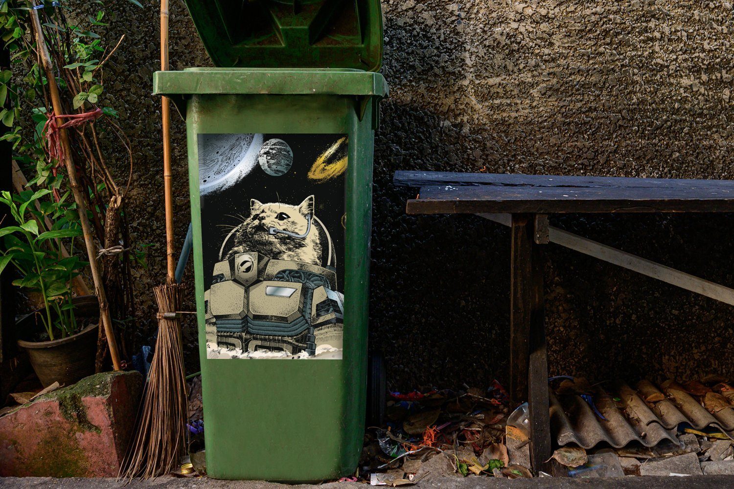 MuchoWow Wandsticker Mülltonne, Mülleimer-aufkleber, Astrocat St), einem alten in Bild Sticker, (1 Abfalbehälter Container