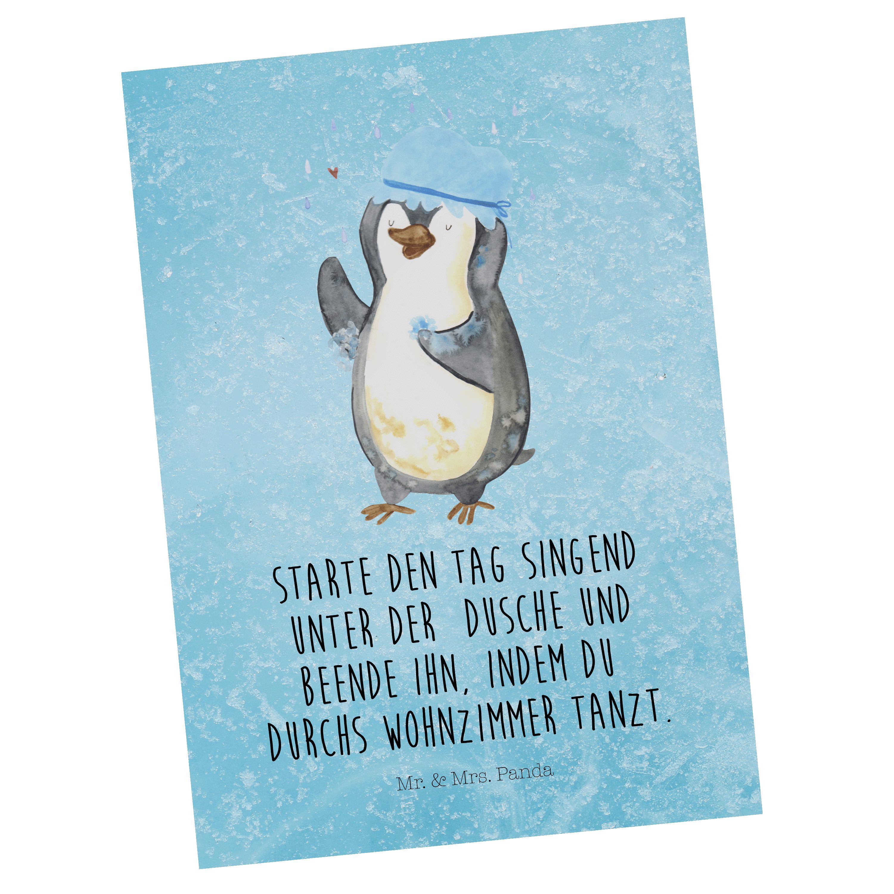 Mr. & Mrs. Panda Postkarte Pinguin duscht - Eisblau - Geschenk, Neustart, Karte, Dusche, Dankesk