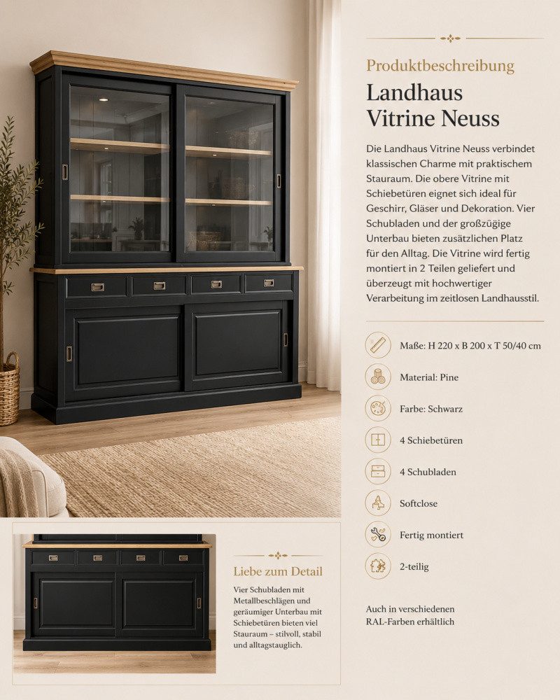 Wohnpalast Buffet Vitrinen Schrank Neuss 200 cm schwarz/eiche