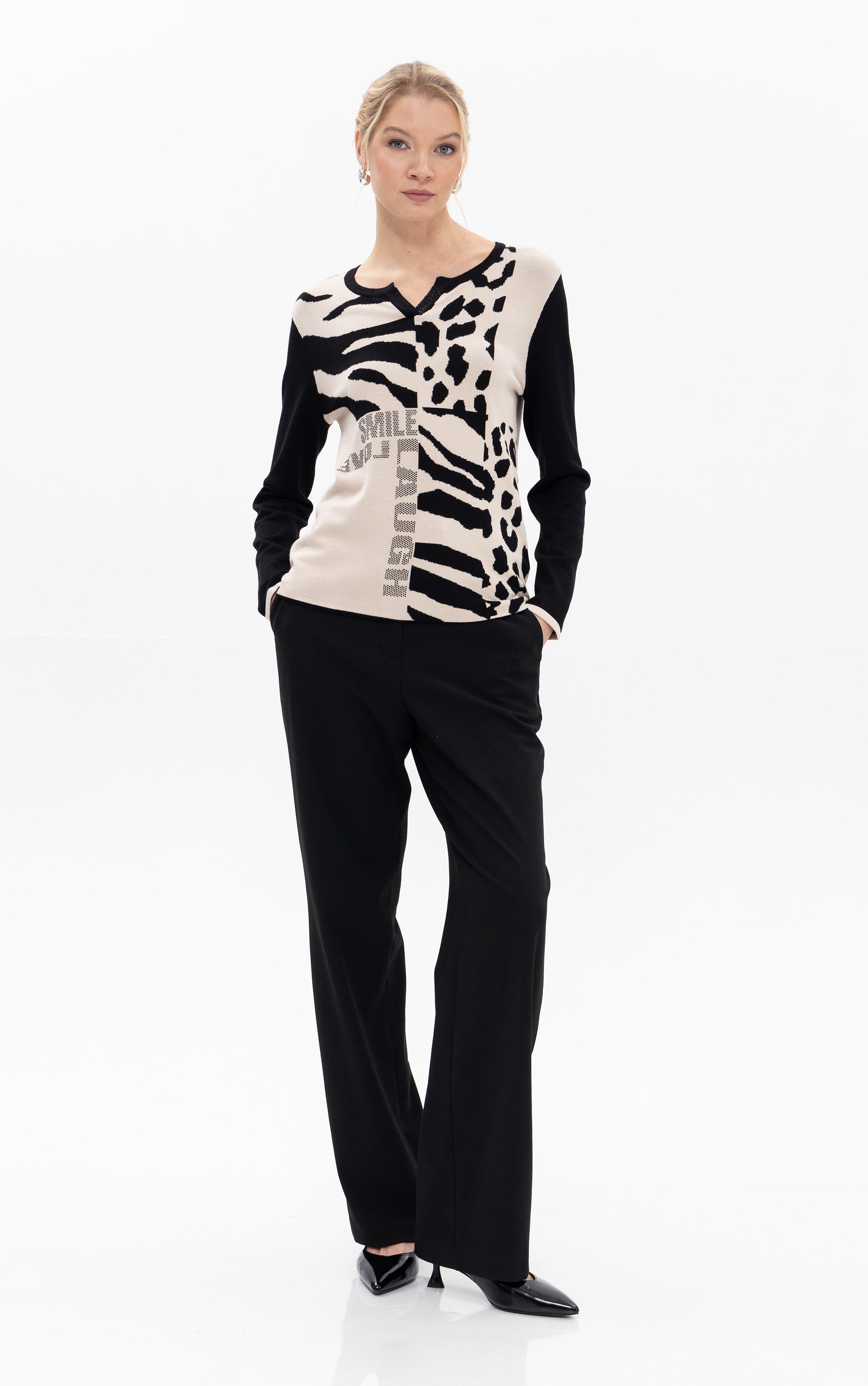 Passioni Strickpullover mit Animalprint-Mix