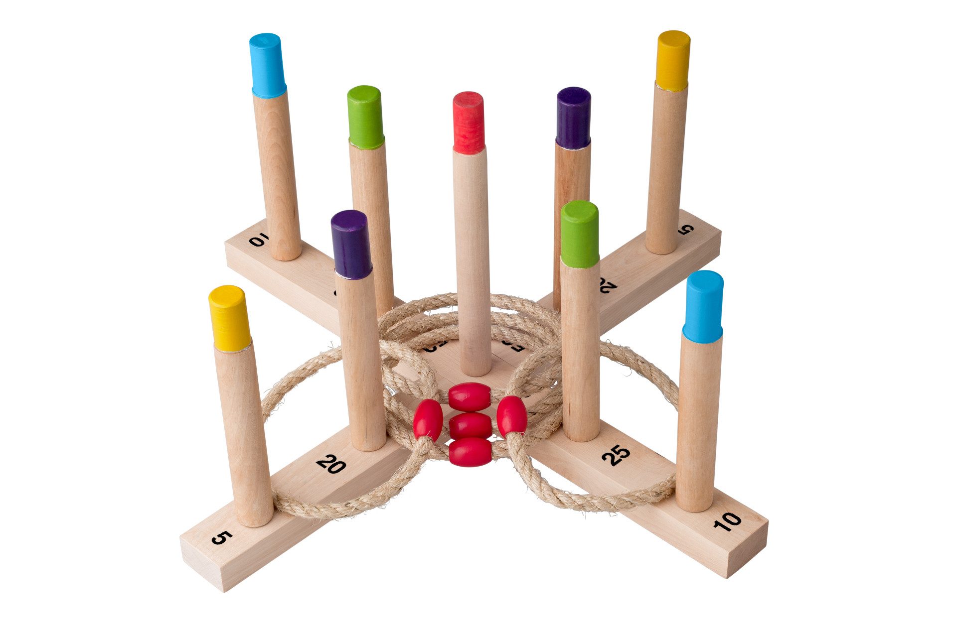 Woodyland Lernspielzeug 91410 stabiles Ringwurfspiel mit 5 Ring - Wurfseilen. Holzspiel, Ringwurfspiel mit 9 Holzstäben. 5 Wurfringe. Stabil. Für In-/Outdoor