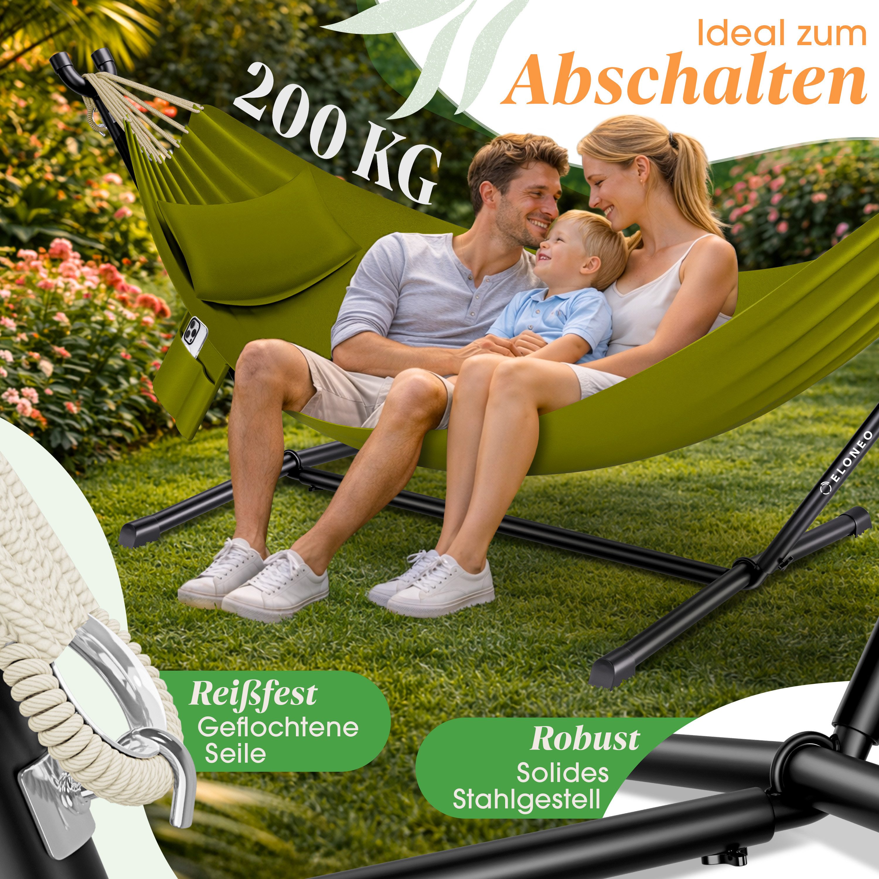 ELONEO Hängematte mit Gestell – Komfort & Flexibilität für Garten, Terrasse und Camping, belastbar bis 200kg, inkl. Kopfkissen und Tragetasche