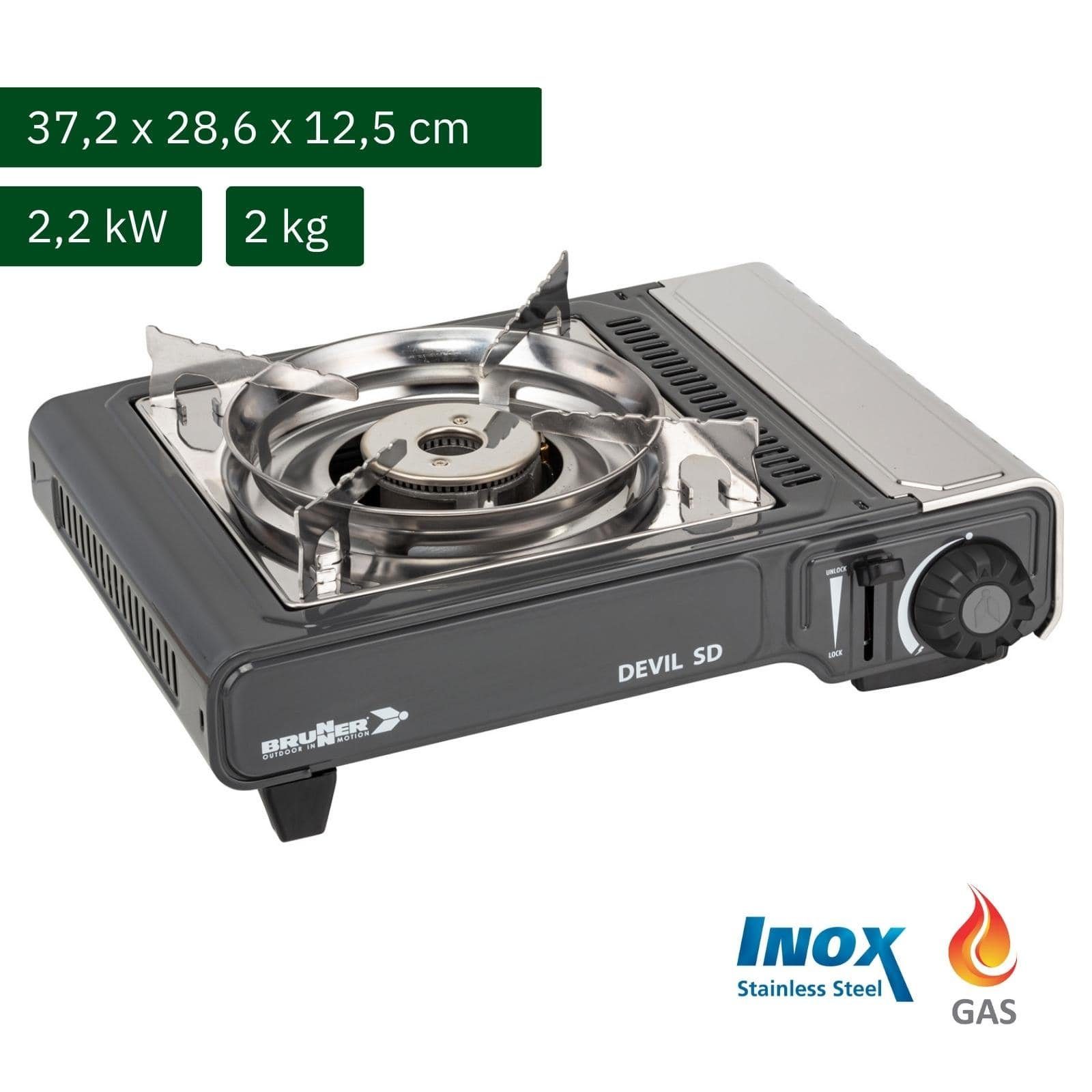 BRUNNER Gaskocher BRUNNER DEVIL SD NG Camping Gaskocher Set Zündsicherung, Vielseitig, (Gaskocher + Alu-Kasserolle)