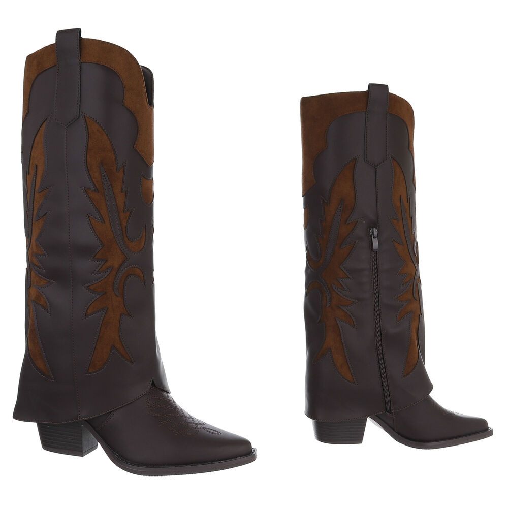 Ital-Design Hochwertige Damen-Stiefel mit kunstvollem Design für Alltag Westernstiefel (90755959) Blockabsatz Stiefel in Dunkelbraun – Bild 4 von 5