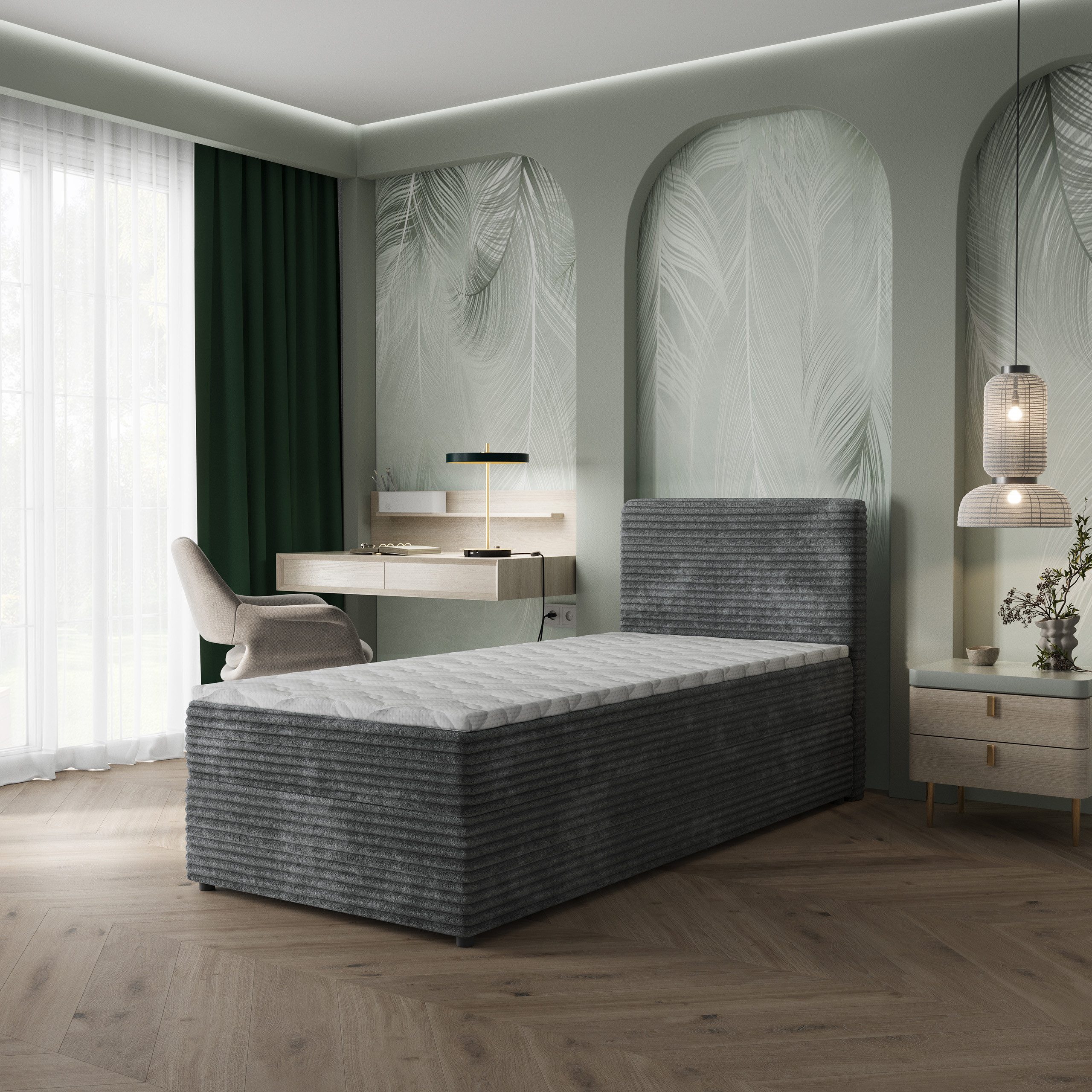 Masseno Boxbett PISA 90x200 cm mit Bonell Matratze und Topper, Einzelbett, Jugendbett, Polsterbett mit Kopfteil, Boxspringbett