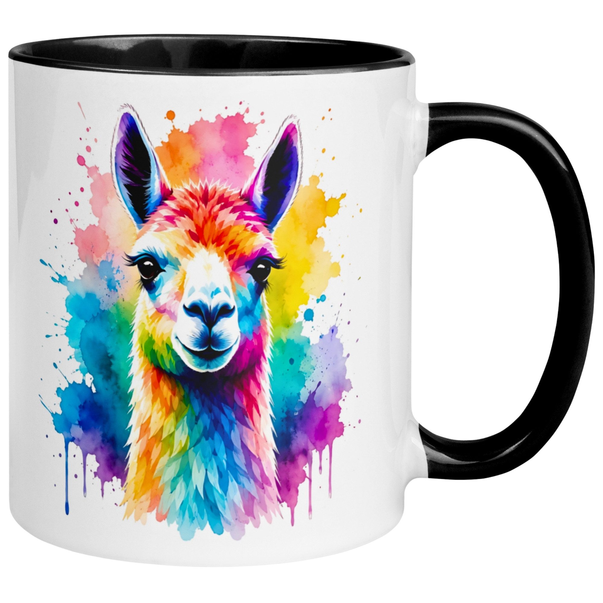 Momentals Tasse Lama – „Buntes Aquarell Farbenspiel“ – Geschenk Becher Alpaka, Gratis Versand · Links-&Rechtshänder · Spülmaschinenfest