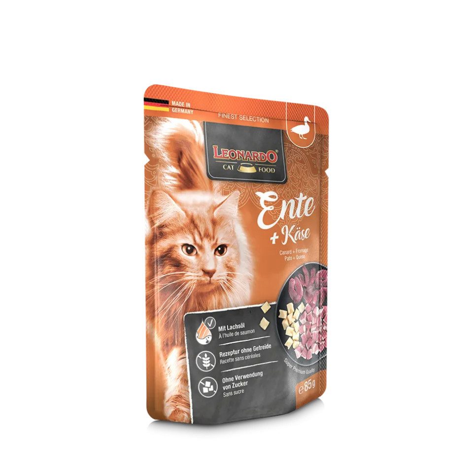 Leonardo Catfood Ente & Käse - getreidefreies Nassfutter mit fettarmen Fleisch 16x85g, Nassfutter für: Katzen
