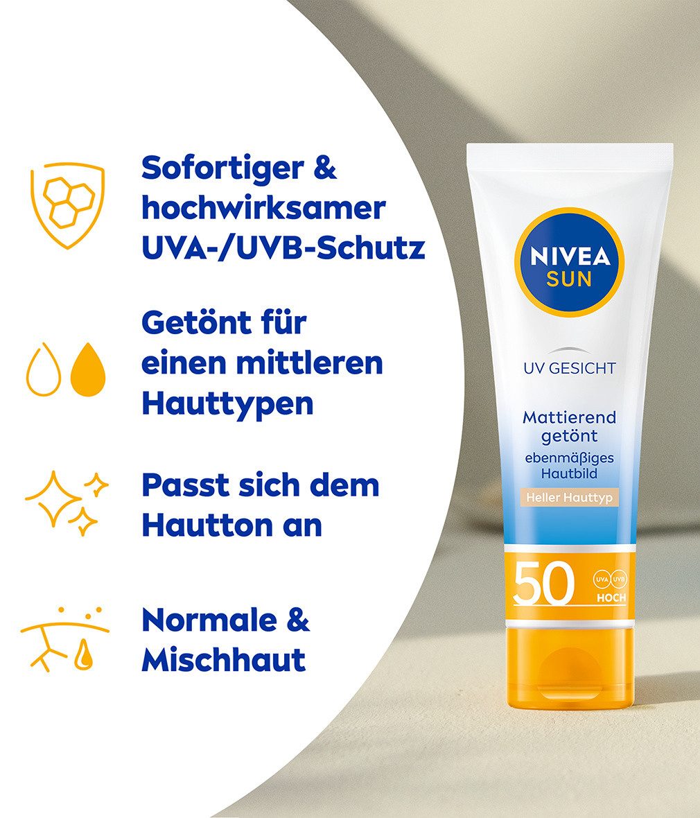 Nivea Sun Sonnenschutzcreme UV Face Mattierend Getönter Sonnenschutz Hell LSF 50 50ml, 1-tlg., Licochalcone A (Süßholzwurzel-Extrakt)