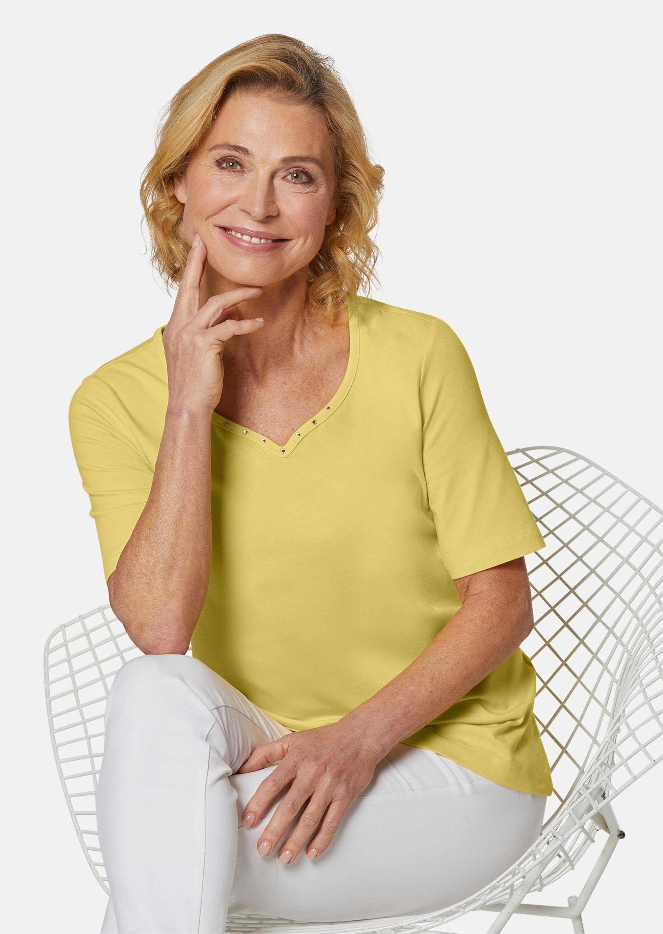 GOLDNER T-Shirt Halbarm Basic-Shirt aus Baumwolle Herzausschnitt mit funkelnden Details, bequeme Passform