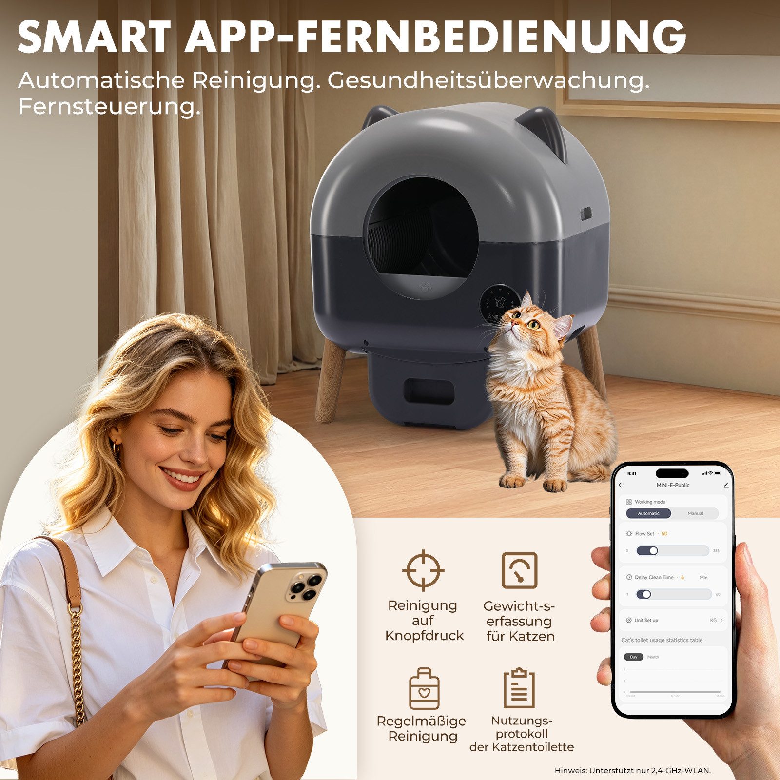 GTPLAYER Katzentoilette Katzenklo Selbstreinigend, 66L Automatisches Katzenklo, Mit App-Steuerung & Infrarotsensor, Anti-Einklemmung