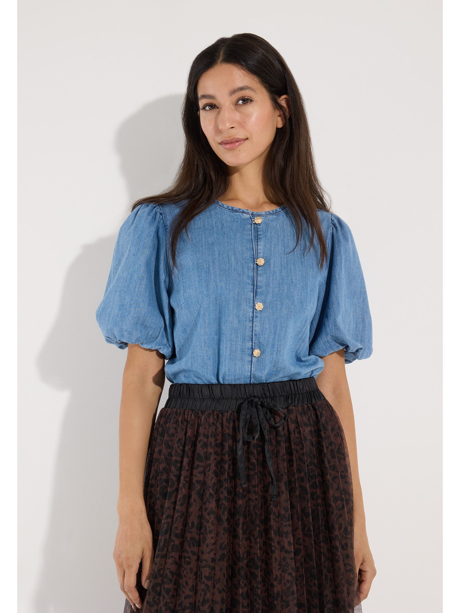 MORE&MORE Kurzarmbluse süße, leichte Jeansbluse, Puffärmel