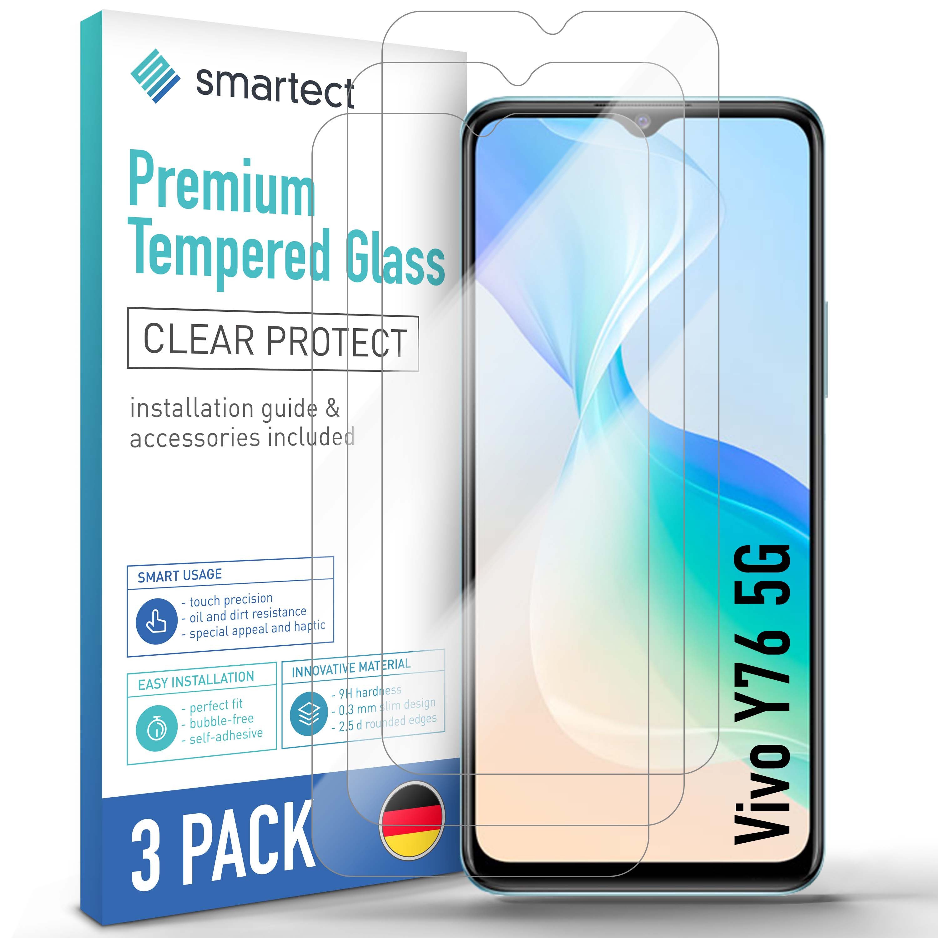 smartect Displayschutzglas Schutzglas Panzerfolie Klar für Vivo Y76 5G, Set, 3 Stück, Schutzfolie Glasschutz Bildschirm