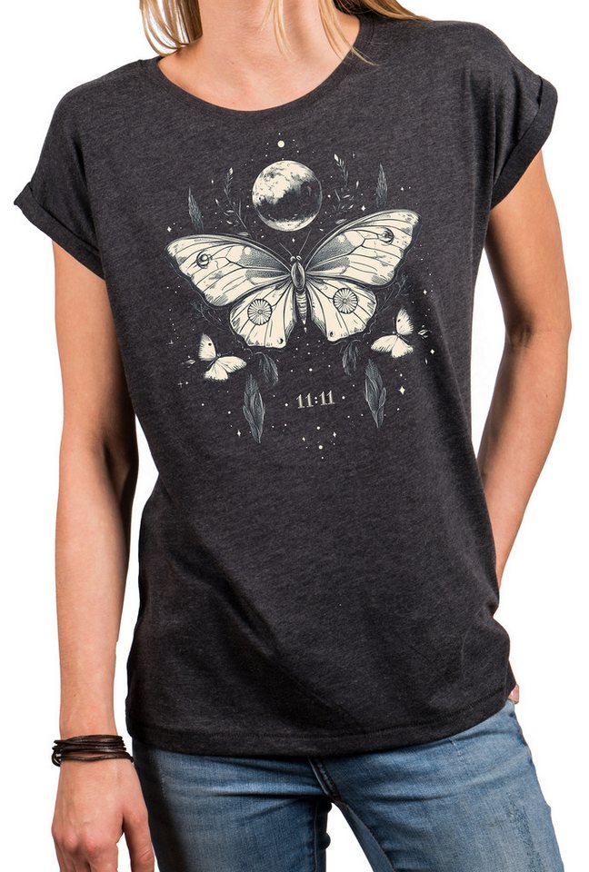 MAKAYA Print-Shirt Schmetterling Damen Tunika Vintage Aufdruck Stylisch Boho Top Modisch (Schwarz, Blau, Grau, 34, 36, 38, 40, 42, 44, 46, 48, 50) Baumwolle