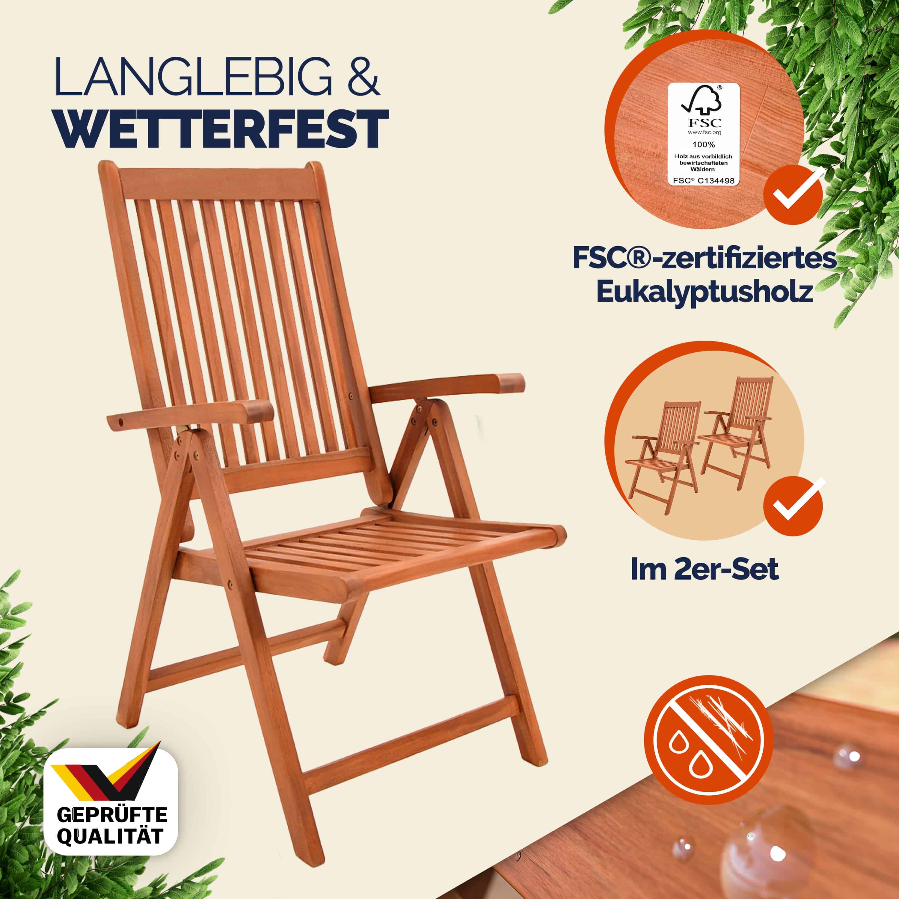 Casaria Gartenstuhl Vanamo (2 St), Gartenstuhl FSC®-zertifiziert Eukalyptus Rückenlehne 5-fach Garten – Bild 2 von 5