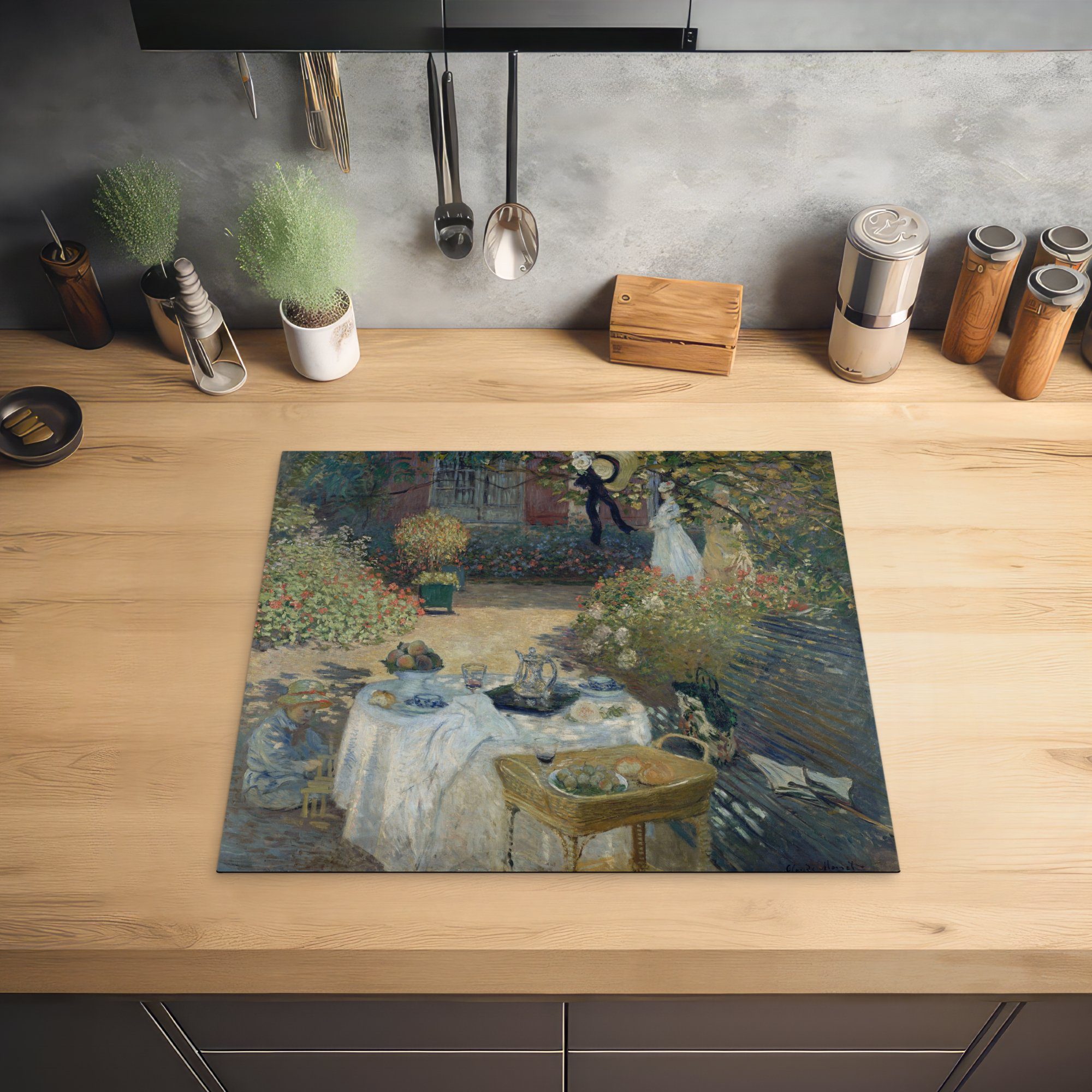 für küche, 59x52 - (1 Herdblende-/Abdeckplatte Le die von Ceranfeldabdeckung Induktionsmatte Gemälde cm, déjeuner MuchoWow Claude Monet, Vinyl, tlg),