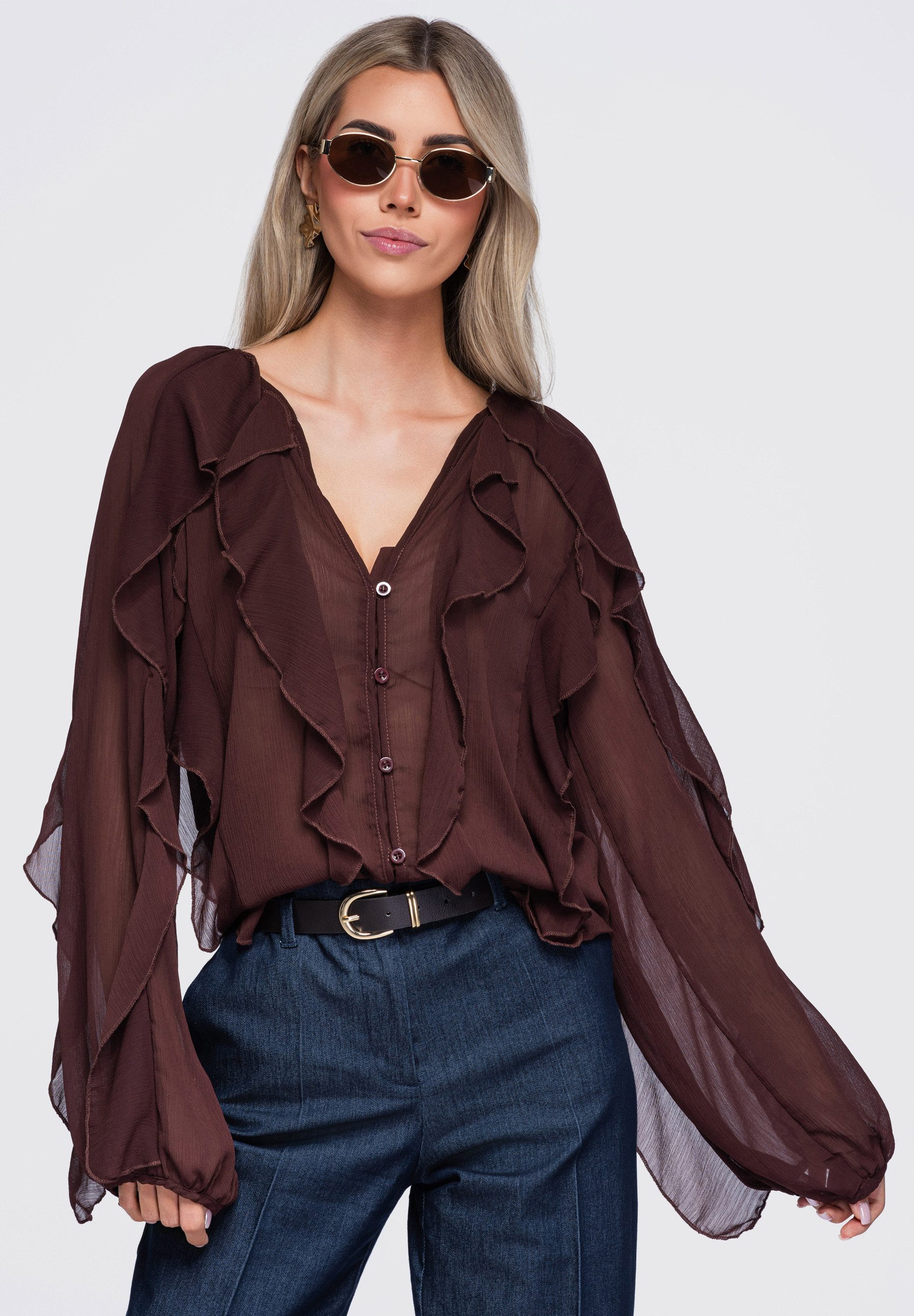 OMBRE Hemdbluse Damen Bluse mit V-Ausschnitt und Rüschen Braun ONESIZE (kein Set, 1-tlg) in Unifarbe
