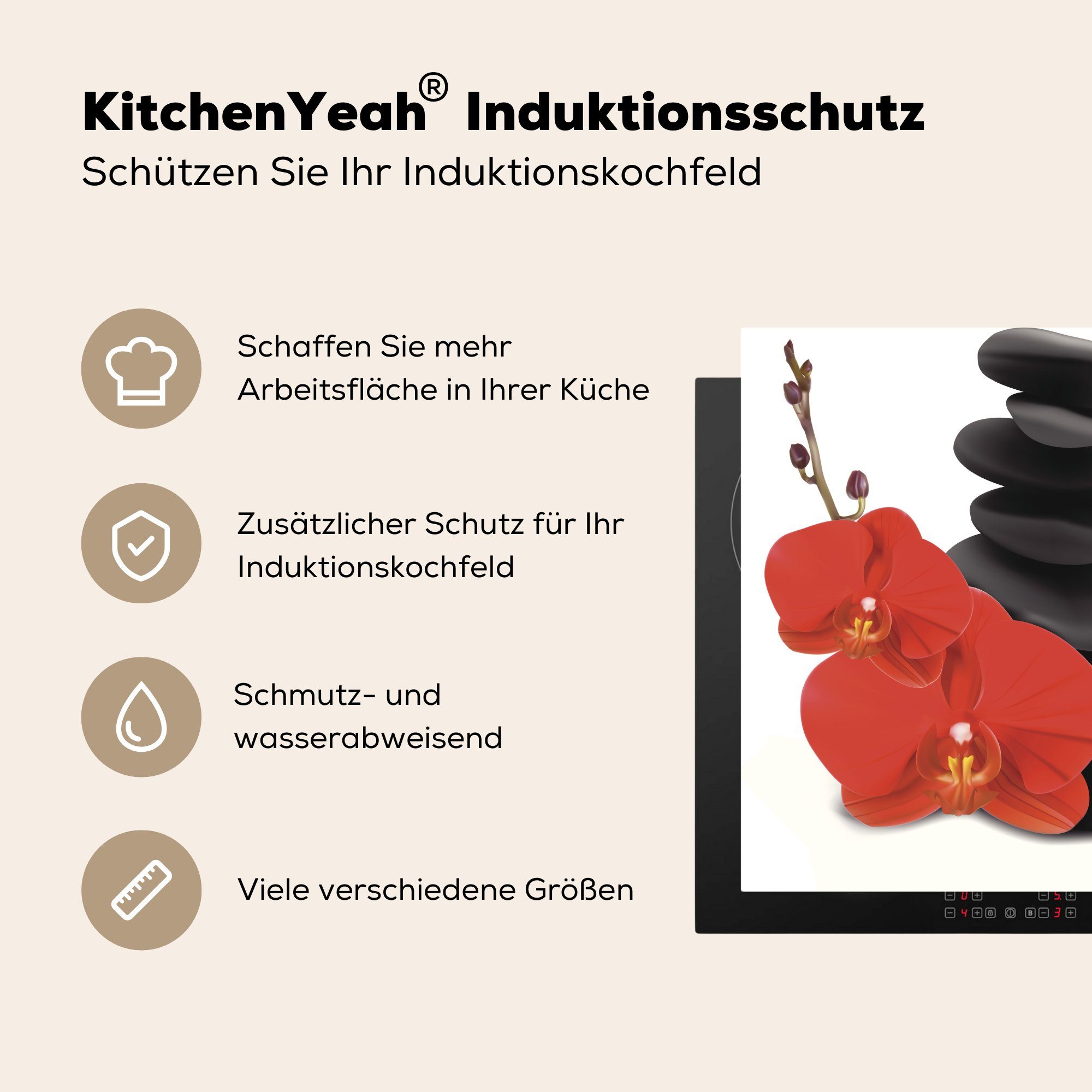 MuchoWow Herdblende-/Abdeckplatte Eine Vektor-Illustration Arbeitsplatte Vinyl, mit schwarzen, von roten einer Orchidee tlg), cm, (1 Ceranfeldabdeckung, für 78x78 küche