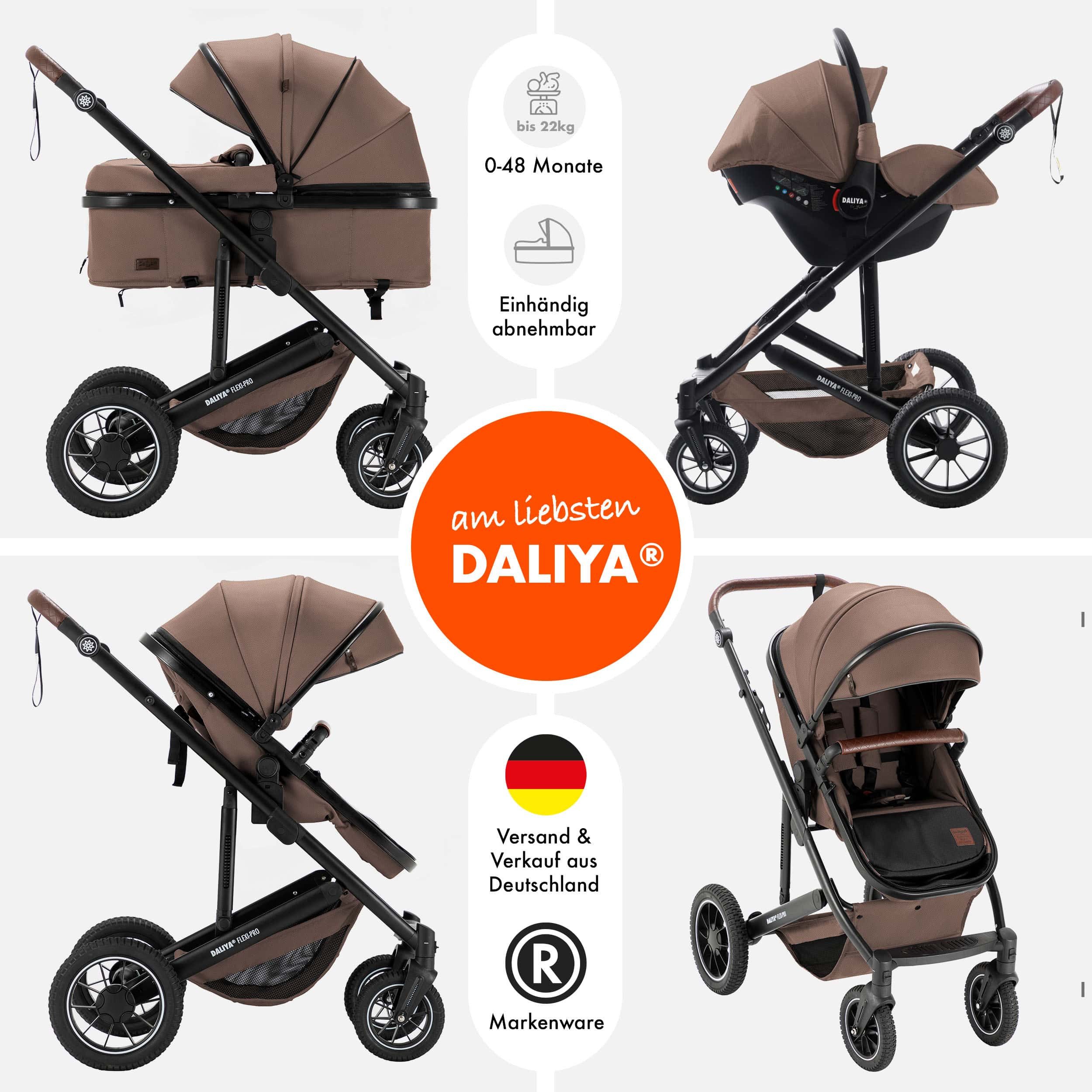 Daliya® Kombi-Kinderwagen FLEXI-PRO M 3in1 Kinderwagen & Buggy, Reisekinderwagen, XXL Set, (XXL-Set mit i-Size Babyschale, 13-tlg), Einhändig abnehmbare Wanne, i-Size Babyschale, Alu-Rahmen, Gummireifen