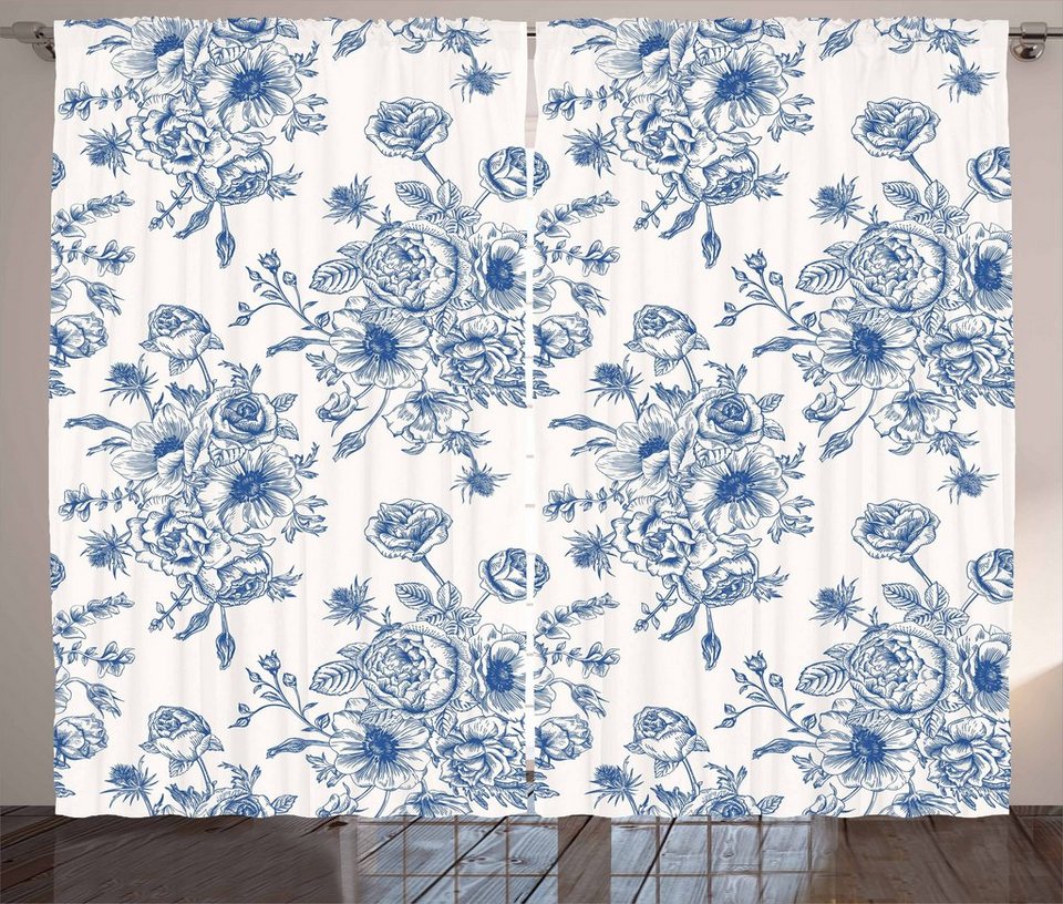 Gardine Schlafzimmer Kräuselband Vorhang mit Schlaufen und Haken,  Abakuhaus, Windröschen Blaue Blumen Corsage