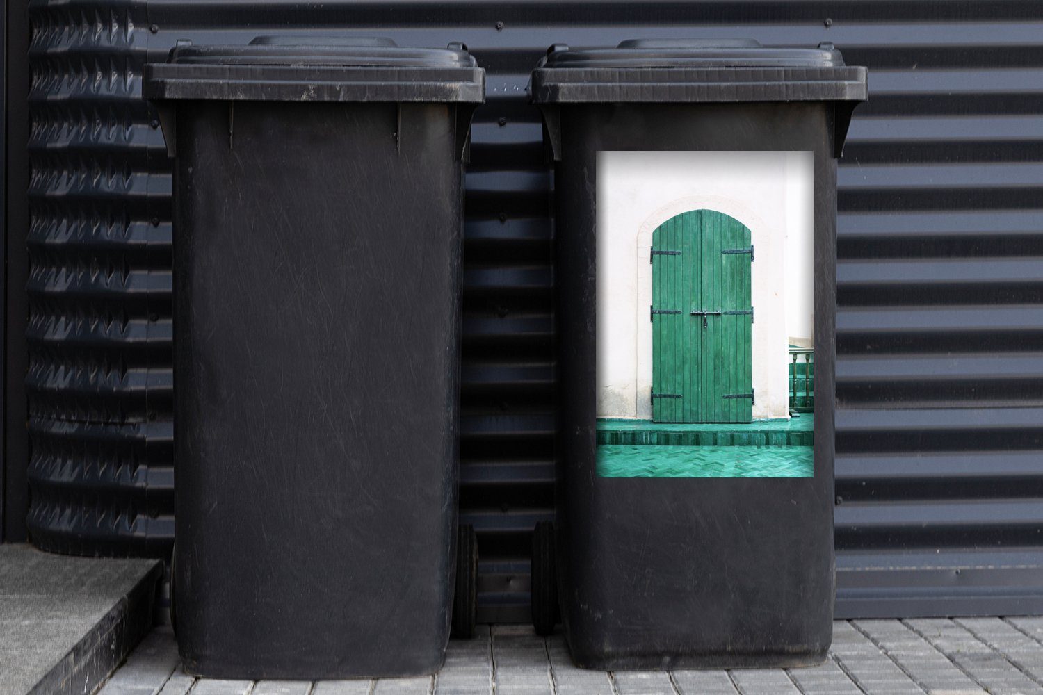 - St), Tür Mülleimer-aufkleber, Abfalbehälter Container, Sticker, - - Vintage MuchoWow - (1 Grün Mülltonne, Wandsticker Holz Gebäude