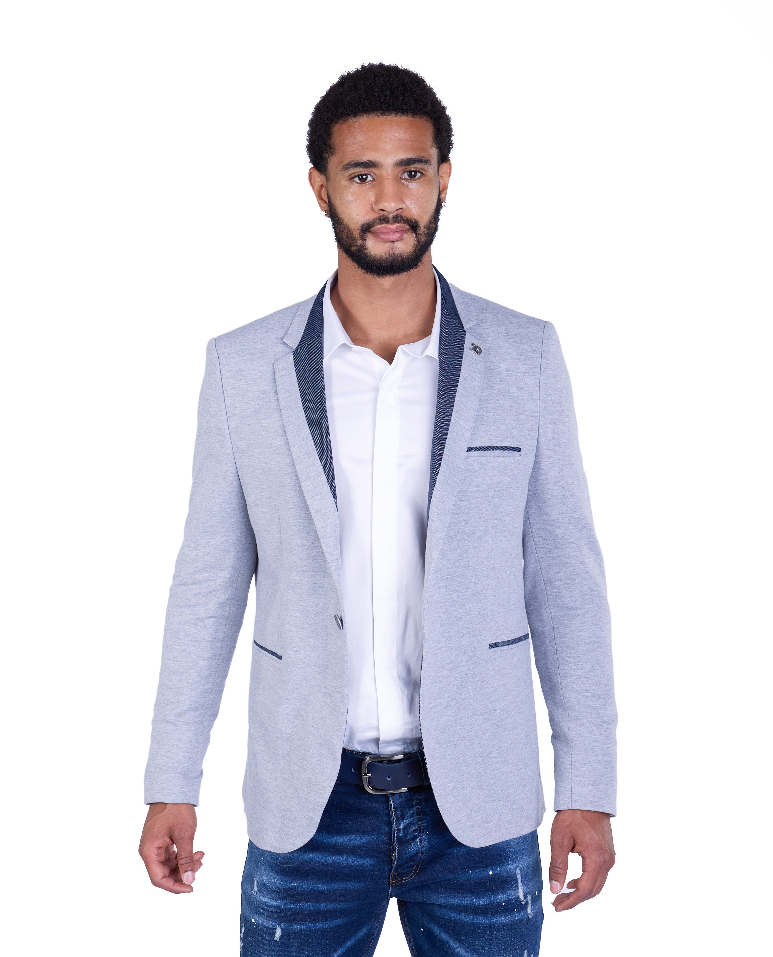 Denim Distriqt Jerseysakko Sportliches Jersey Sakko mit Jeanskragen Grau Gr günstig online kaufen