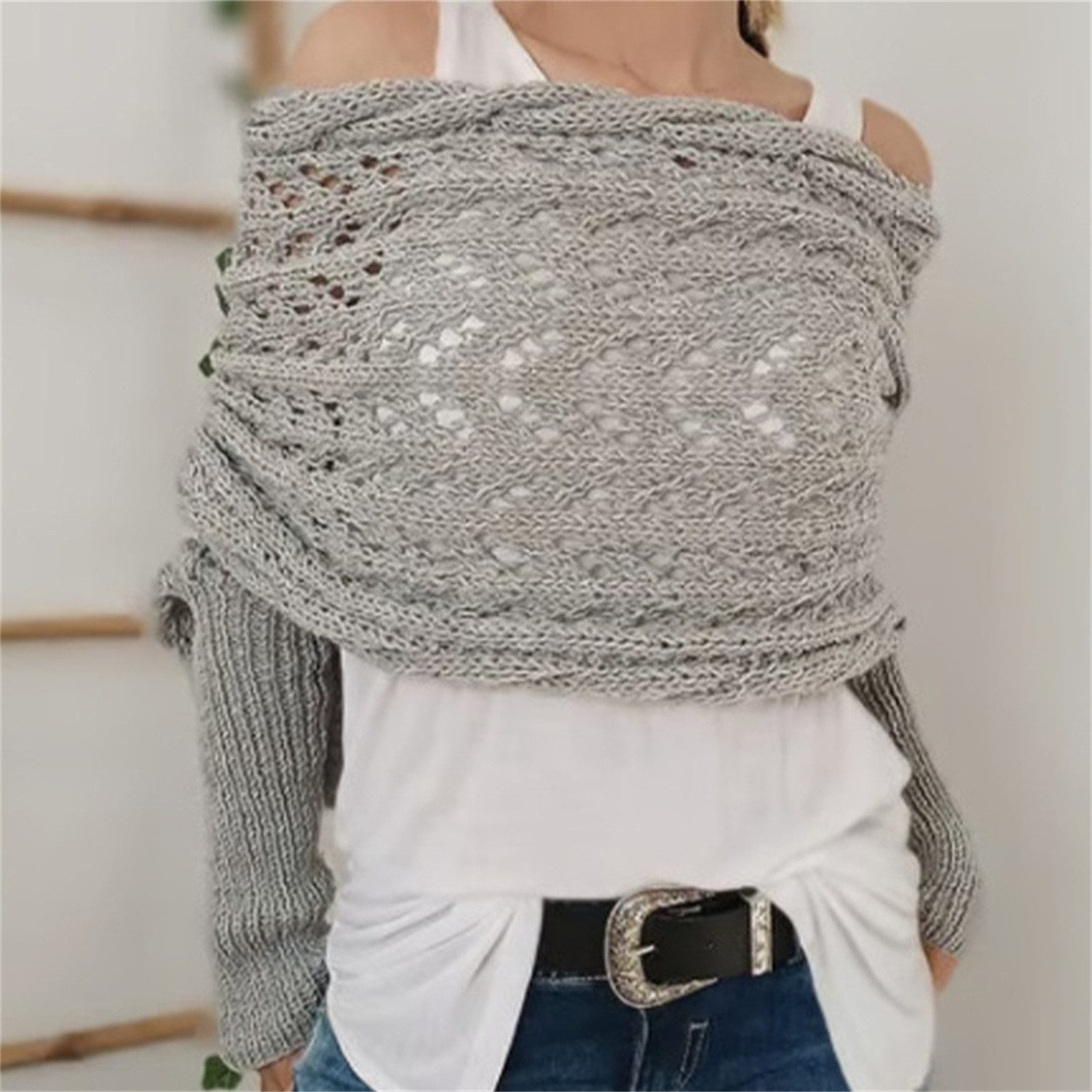 autolock Strickponcho Multifunktionaler Schal mit Ärmeln,Gestrickter Zopf-Wickel