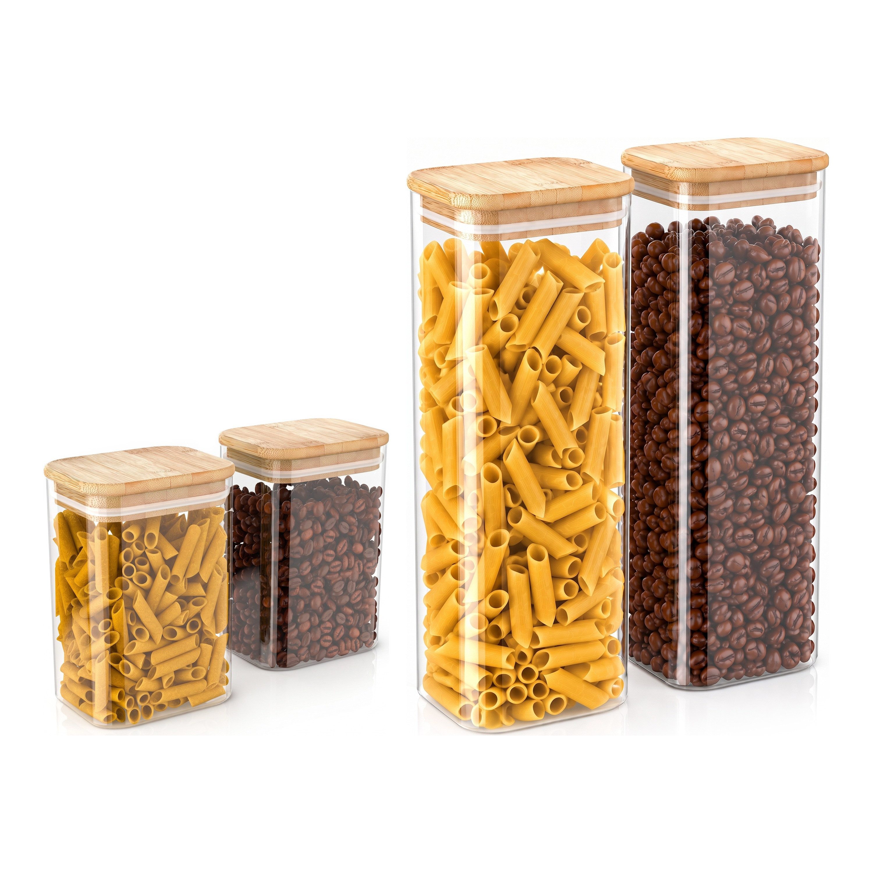 Arendo Vorratsglas eckig mit Bambusdeckel und Silikondichtung, luftdicht, 2 Größen, Borosilikatglas, (Set, 4-tlg., 2 x 1200 ml, 2 x 2250 ml), Glas gefrier-, mikrowellen- & spülmaschinenfest, -40 bis +400 °C