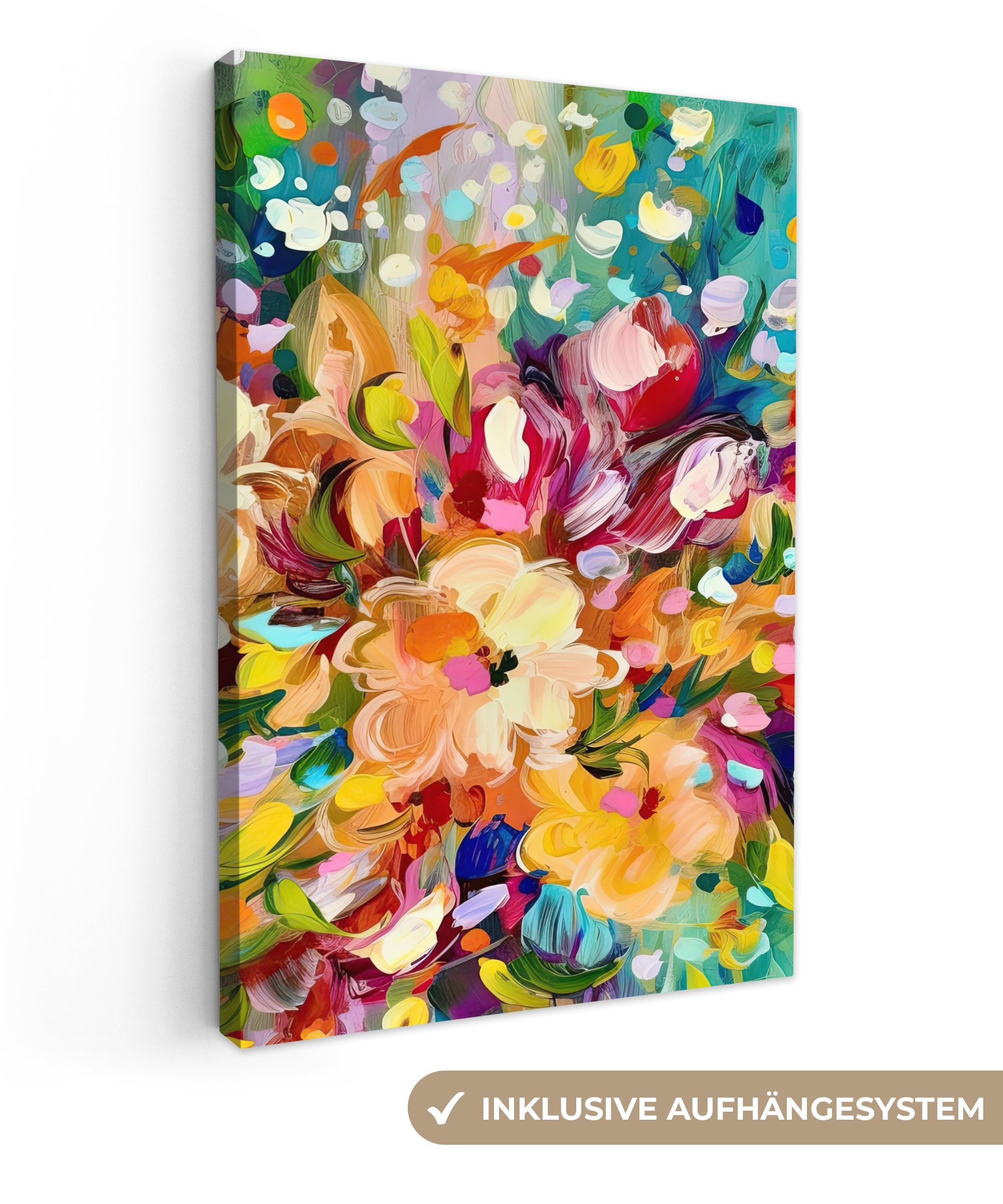 OneMillionCanvasses® Leinwandbild Gemälde - Ölfarbe - Blumen - Regenbogen, (1 St), Leinwandbild fertig bespannt inkl. Zackenaufhänger, Gemälde, 20x30 cm