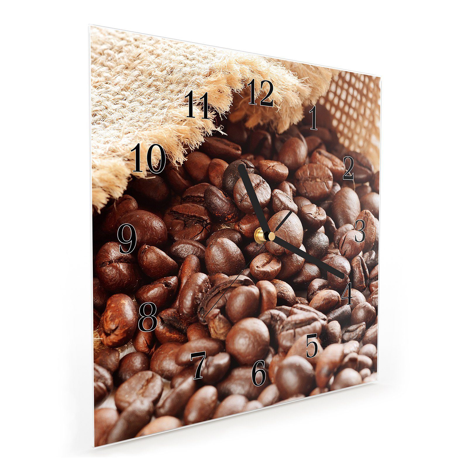 x Motiv Glasuhr Wandkunst mit Kaffeebohnen Wanduhr Größe aus cm 30 Wanduhr 30 Primedeco Leinensack