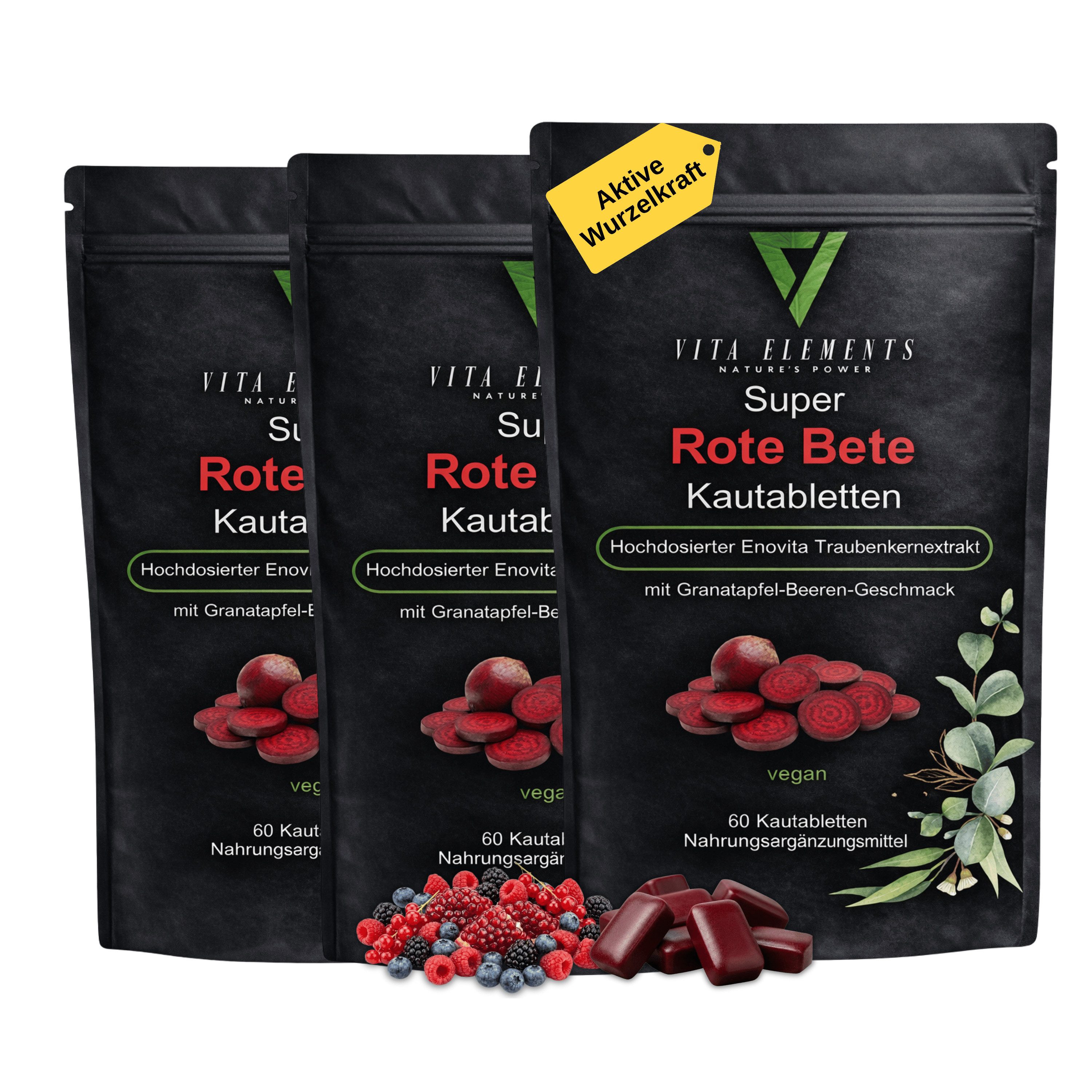 Vita Elements 3er Set Rote Bete Kautabletten, 180 Stk. Vegan frei von Gentechnik Laborgeprüft in Deutschland
