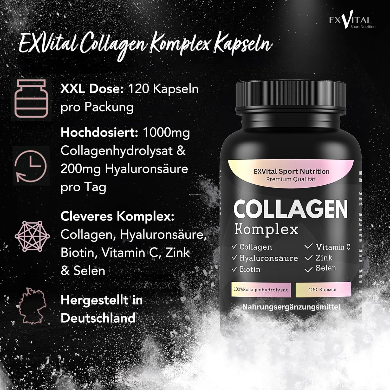 Collagen Hyaluronsäure Komplex mit Biotin, Vitamin C, B2, Zink & Selen Kapseln, 101 g