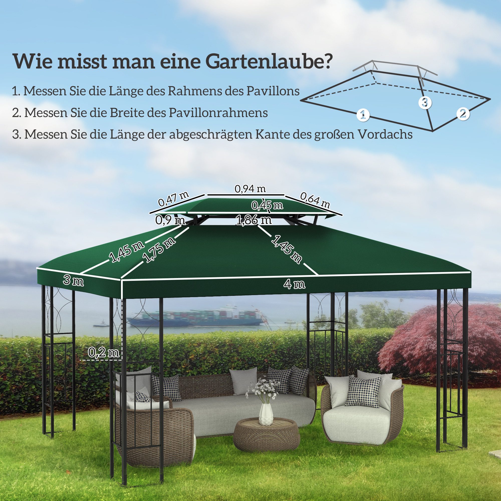 Outsunny Pavillon-Ersatzdach 3 x 4 m, mit Doppeldach, 180 g/m², 400 x 400 cm (Ersatzdach, Gartenpavillonersatzdach), für Gartenpavillon, Polyester, Grün