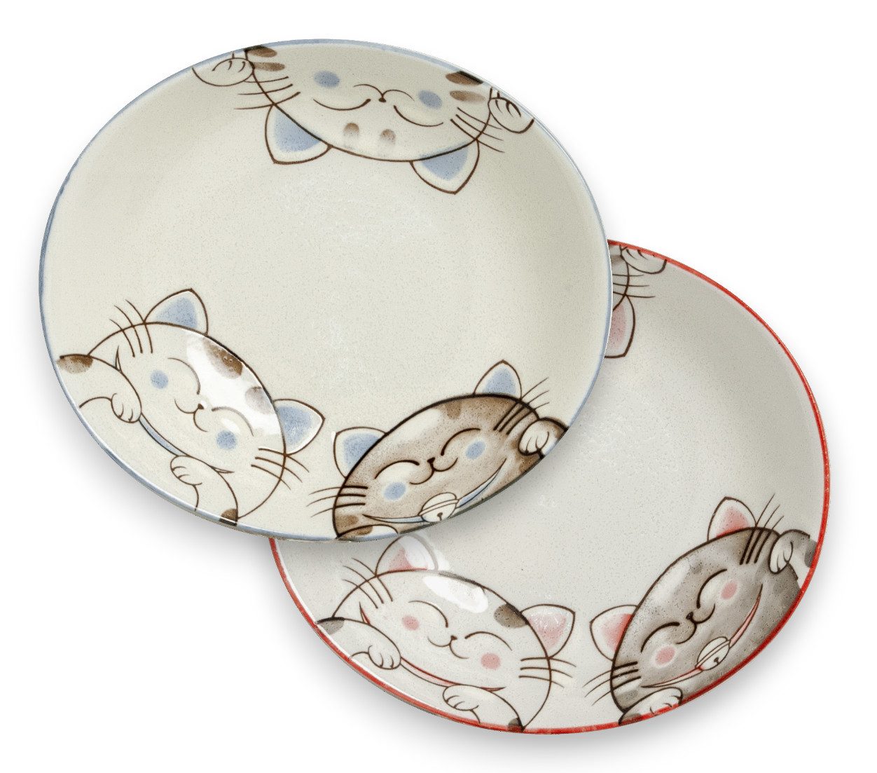 WestCraft Teller Three Cats – Japan Porzellan Schalen Set, rot & blau, Oval 19 x 22,5cm, (2 St), Ideal für Antipasti, Bowls & Tapas - Feines Geschirr mit Katzenmotiv