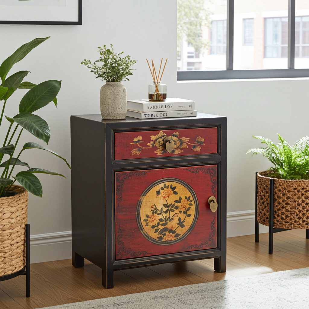 OPIUM OUTLET Nachtkommode Nachtkästchen Nachtschrank Schrank Nachtkonsole Kommode (Breite x Tiefe x Höhe: 45 x 33 x 55 cm, Asia Möbel komplett montiert), asiatisch chinesisch orientalisch vintage