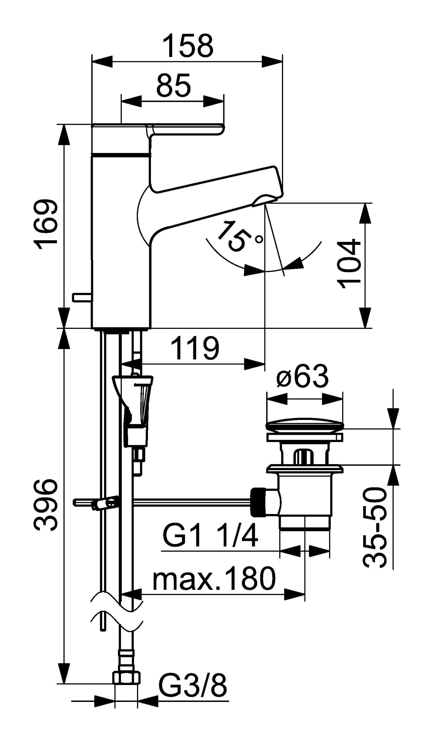 Waschtischarmatur Hansadesigno Style Zugstangen-Ablaufgarnitur 128 Einhand-Einlochbatterie HANSA mm mit Ausladung