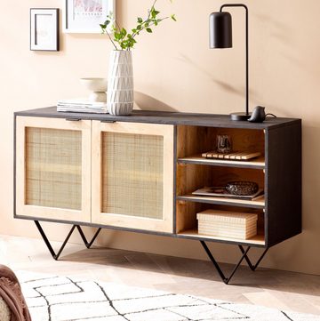 Wohnling Sideboard WL6.798 (145x75x40 cm Mango Massivholz / Rattan Anrichte), Kommode 2 Türen, Hoher Kommodenschrank