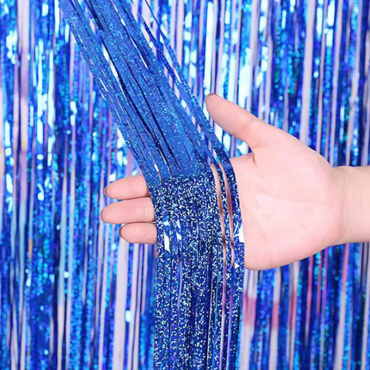 Kopper-24 Türvorhang Lametta Vorhang 2 x 1 m, Dunkelblau glitzernd, holographisch Party Dek, Schlaufen, Folie